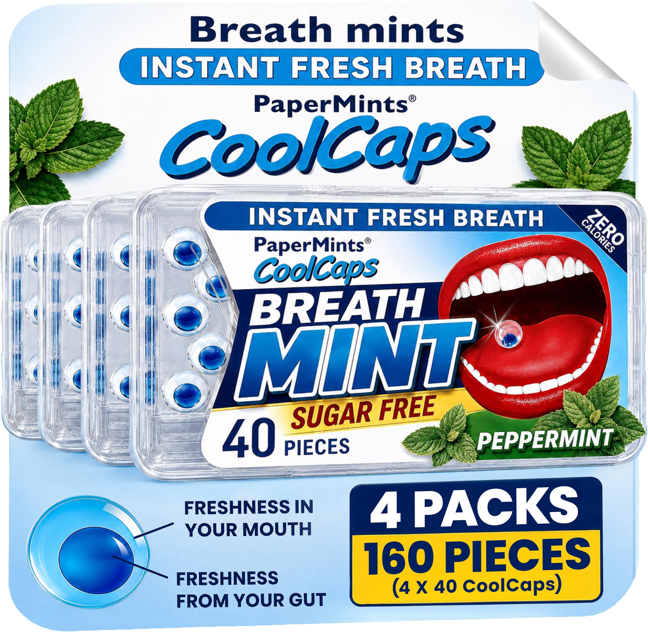 PaperMints CoolCaps - Instant Fresh Breath Mints Sugar-Free 4 Pack - 160 capsules. Extreme Bad Breath Treatment for Adults, Breath Freshener Pearls for Halitosis Treatment Keto-Friendly Peppermint