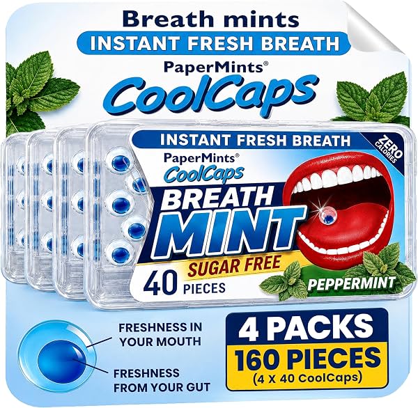 Pastillas de Aliento Papermints CoolCaps Sin Azúcar Menta (Paquete de 4 de 40) | Obtén Aliento Fresco al Instante, Elimina el Mal Aliento desde Adentro, Refrescante de Aliento de Doble Acción con Explosión Líquida, Apto para Keto, Vegano