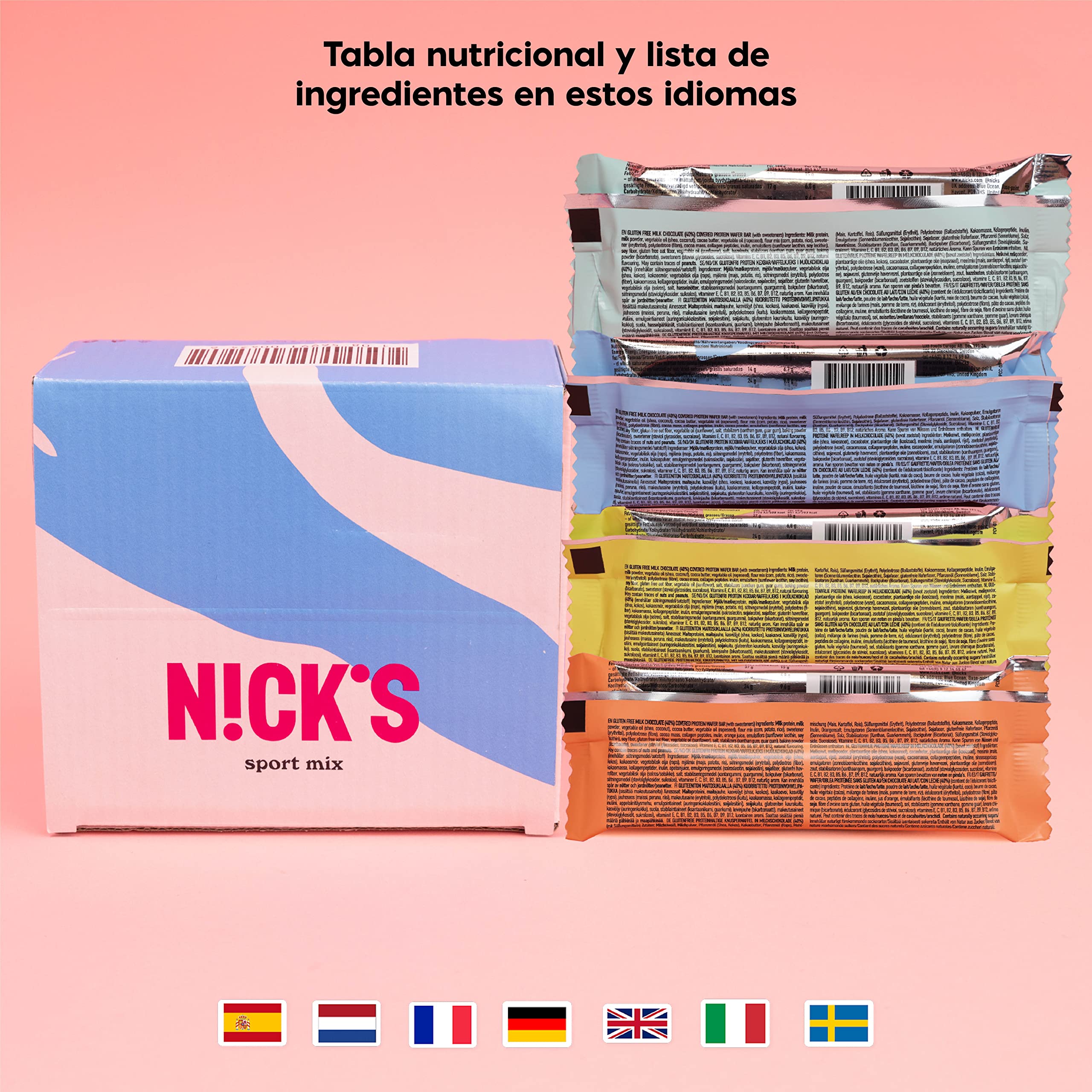 NICKS Mix de Barritas Protein wafer | 25% Proteína | 203 calorías | Proteicas Oblea Chocolate Sin Azúcar Añadido Low Carb Snack Bar Sin Gluten (9 x40g)