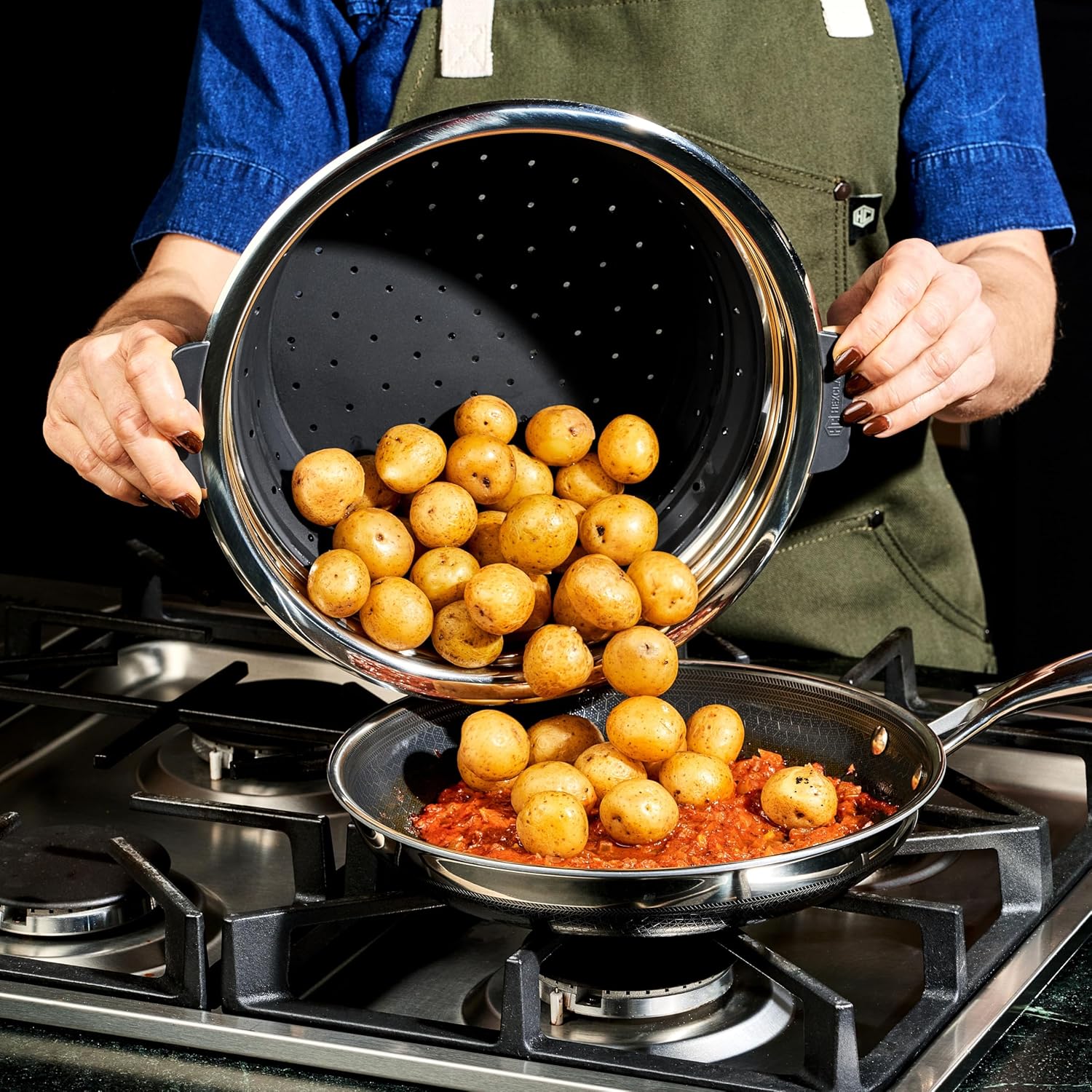 HexClad 2-Piece Steamer Basket Set for Steaming and Draining, Fits HexClad's 3 and 8Qt Pots, Dishwasher-Safe, Space-Saving Design, Heat-Safe to 425ºF, Non-Slip Handles, Silicone and Stainless Steel