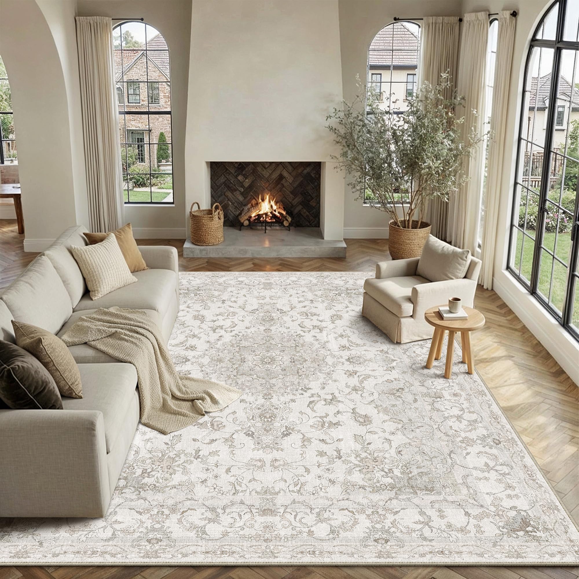 HUGEAR Area Rug 9x12 Vintage Beige Machine Washable Living Room Rugs Thin Neutral Floral Vacuumable Low Pile Carpet Bedroom Office Dining Room Laundry Room Non Slip Soft Lightweight