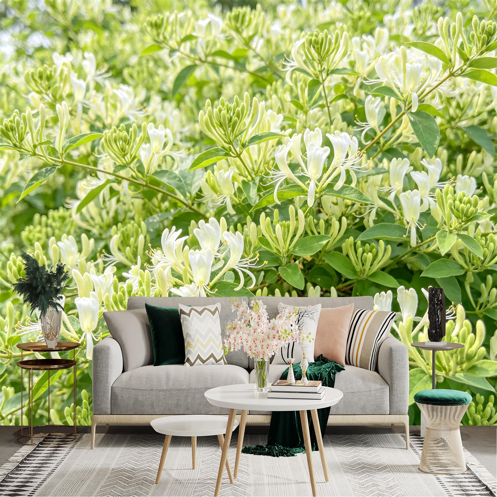 Lnzczhyre Dbh260521328 Custom Size Wall Sticker Mural， White Honeysuckle Flowers， Blooming Spring Garden， Natural Botanical Floral Pattern， For Wall Decoration， Peelandstick Wall Decals.