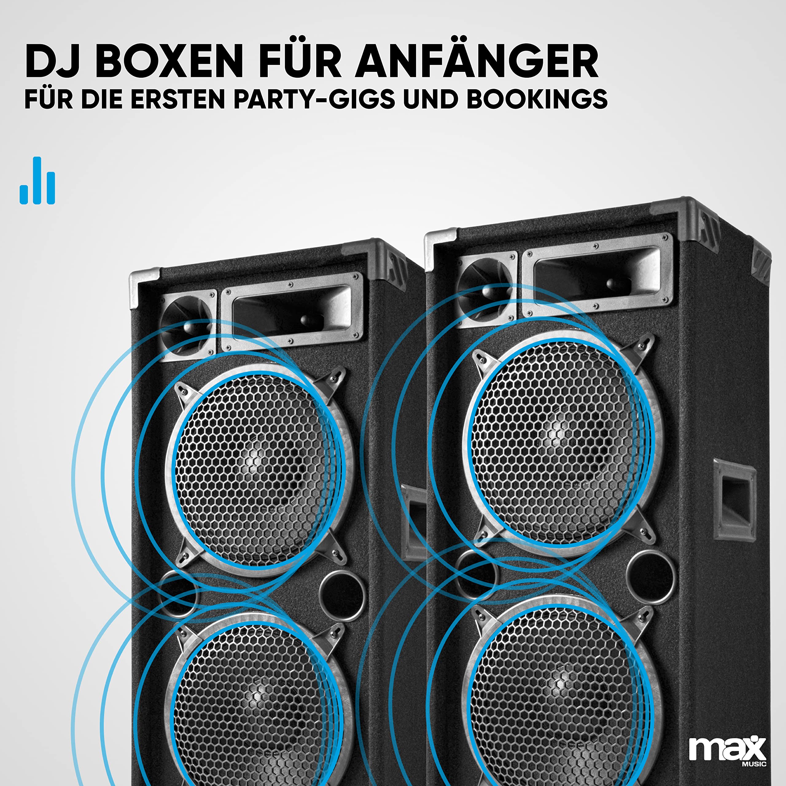MAX MAX210 PA Lautsprecher passiv, Partylautsprecher Set, 2000 Watt Partyboxen - Griffe, 2 x 10 Zoll Doppel-Tieftöner, DJ Party Lautsprecher, Lautsprecherbox, Schwarz