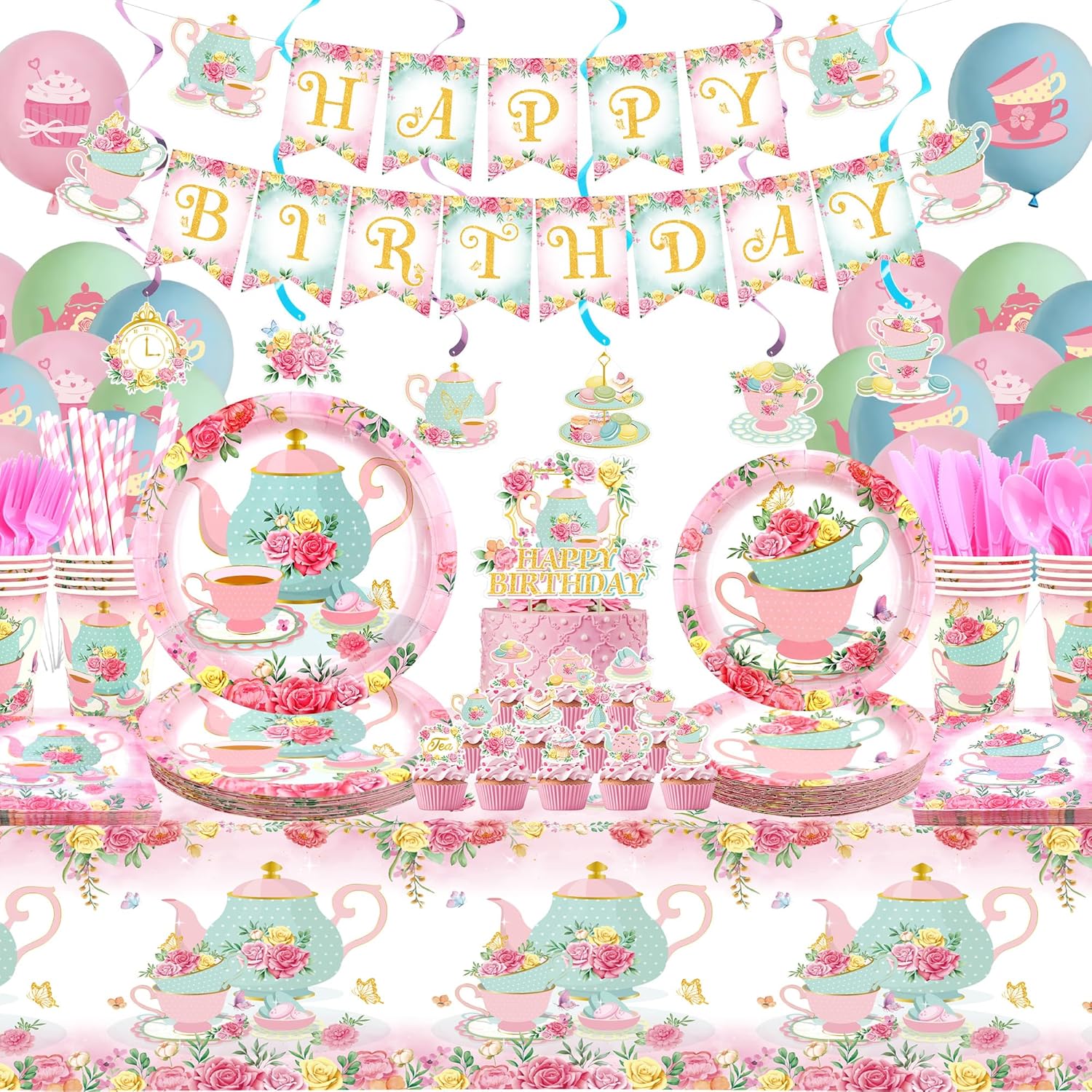 KEFAN Tea Birthday Party Decorations, Tea Theme Party Tableware Supplies including HAPPY BIRTHDAY Banner, Plates, Cups, Napkins, Tablecloth, Balloons for Girls Birthday Party, Serves 20