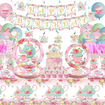 KEFAN Tea Birthday Party Decorations, Tea Theme Party Tableware Supplies including HAPPY BIRTHDAY Banner, Plates, Cups, Napkins, Tablecloth, Balloons for Girls Birthday Party, Serves 20