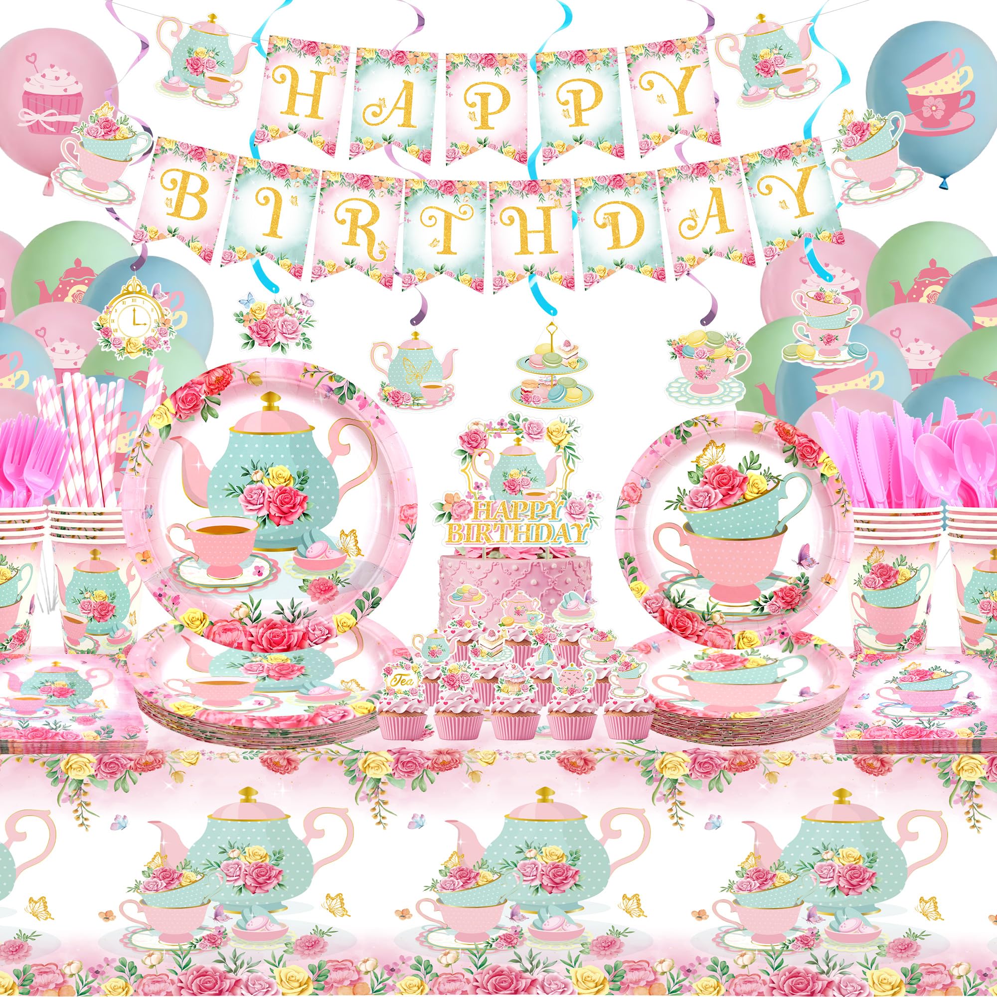 KEFAN Tea Birthday Party Decorations, Tea Theme Party Tableware Supplies including HAPPY BIRTHDAY Banner, Plates, Cups, Napkins, Tablecloth, Balloons