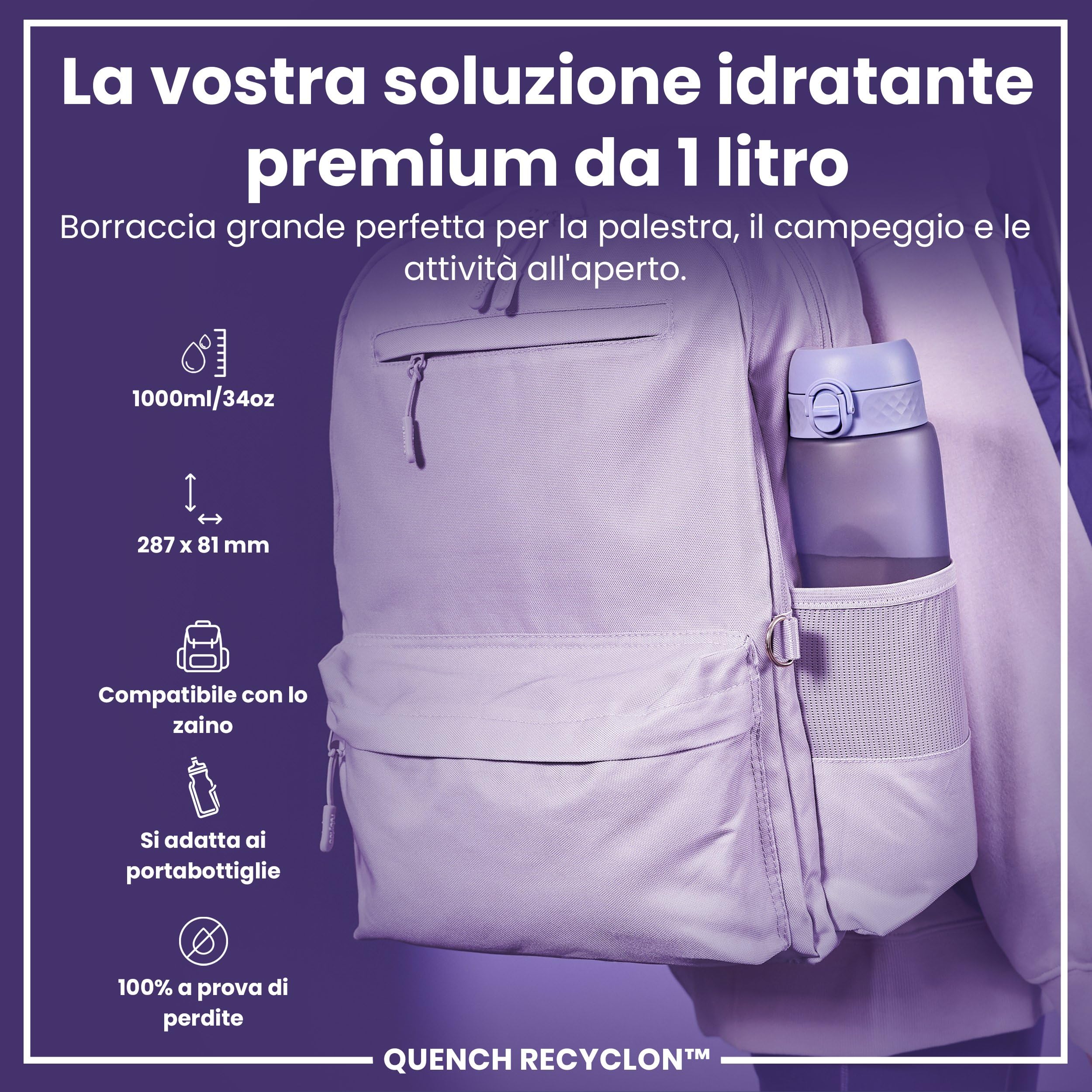 Ion8 Borraccia a Prova di Perdite, Facile da Aprire, Serratura Sicura, Lavabile in Lavastoviglie, Senza BPA, Maniglia per il Trasporto, Adatta a Portabicchieri, Facile Pulizia