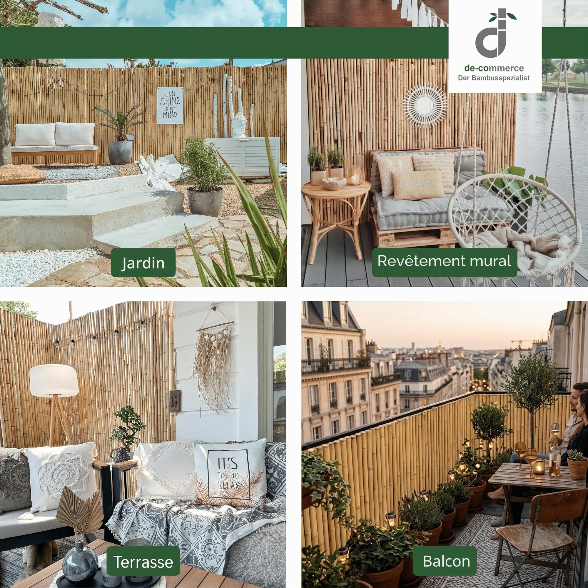 DE-COmmerce Clôture en bambou de haute qualité ATY Nature, partie supérieure fermée, clôture enroulable, pare-vue pour jardin, terrasse, balcon (H x L) 200 cm x 180 cm