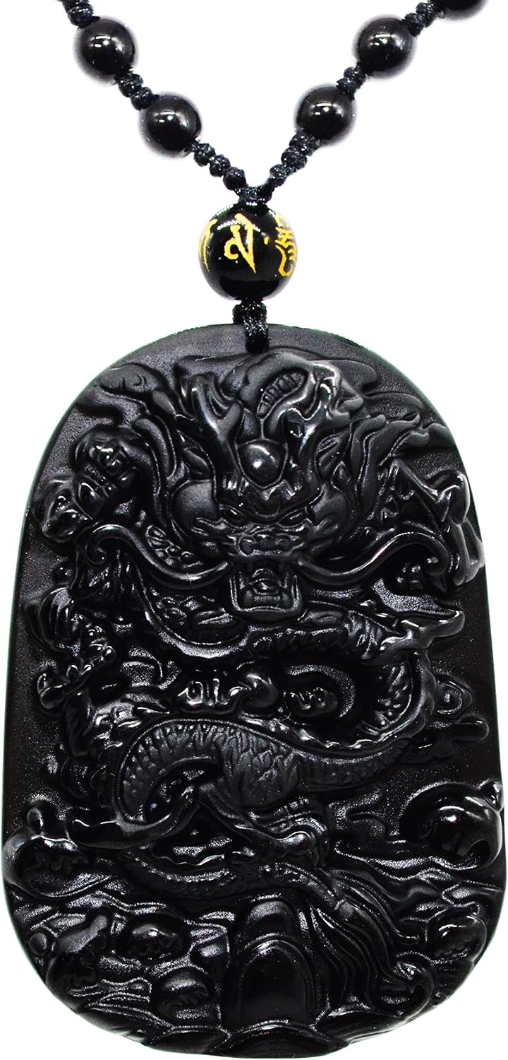 Natural Black Elegant Obsidian Crystal Hand Carved Dragon Chakra Pendant Necklace with Black Beads Chain for Success Lucky Protection