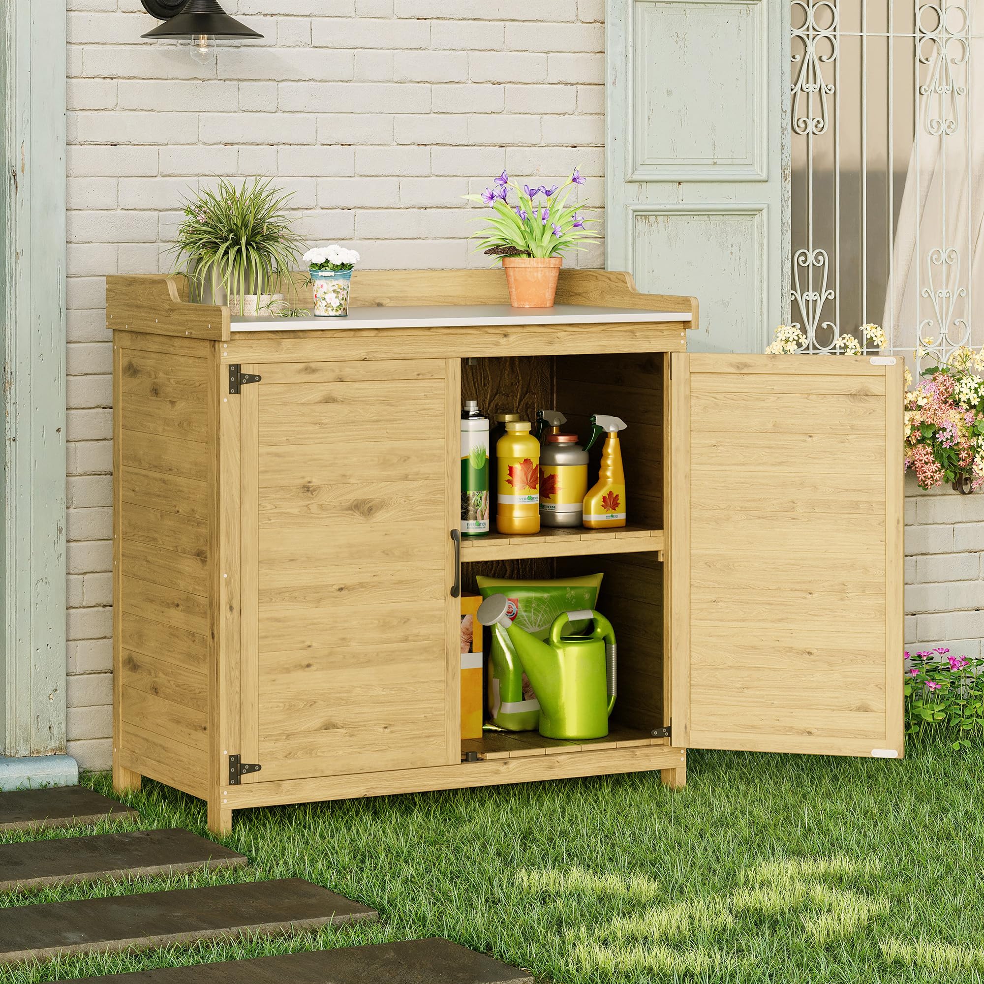 Mesa de Jardín para Plantas, Espaciosa Mesa de Trabajo Exterior con Encimera para Herramientas de Jardín, Armario de Madera con Estantes Interiores para Patio, 98×47×94 cm (Natural)