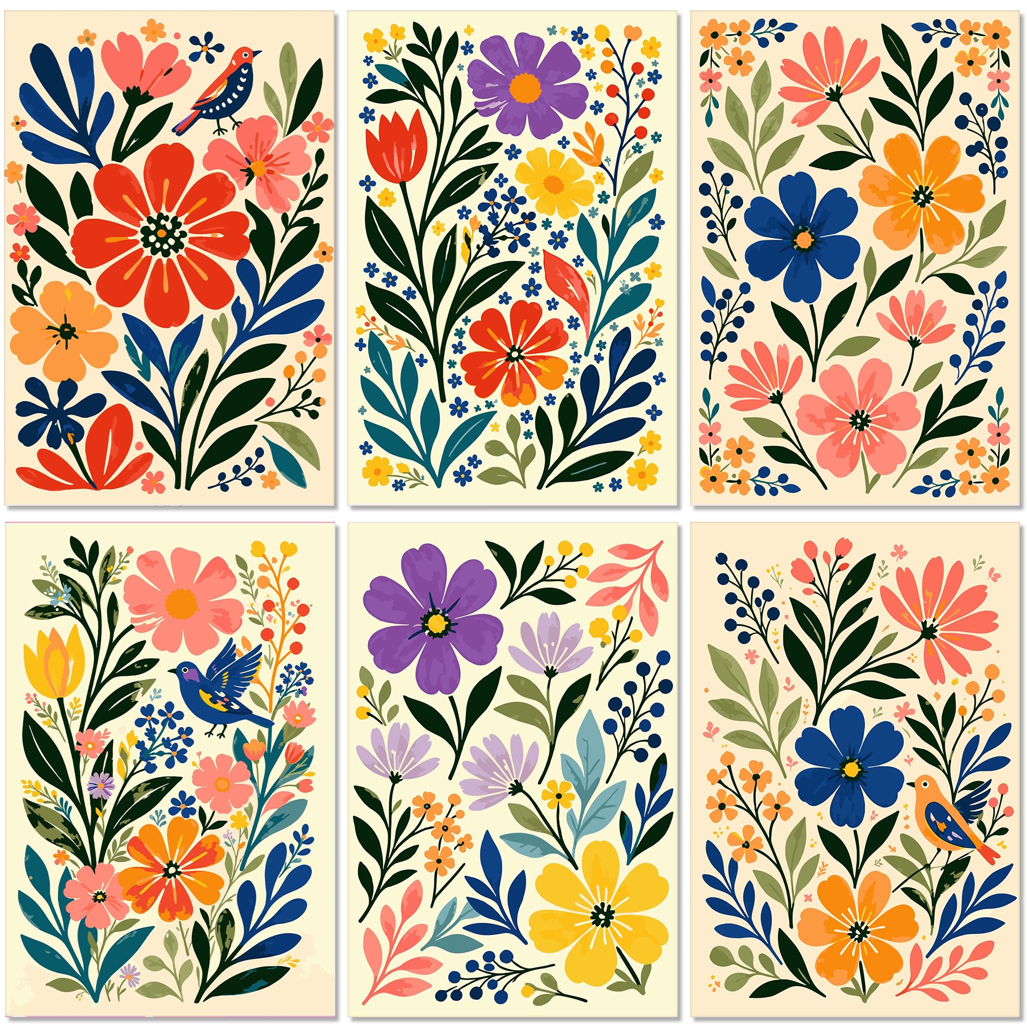 OWANVION 6 Pack Paint by Number Kits for Adult, Vibrant Folk Floral & Bird Home Wall Decor, DIY Acrylic Oil Painting by Numbers Kits for Beginner 8x12 Inch