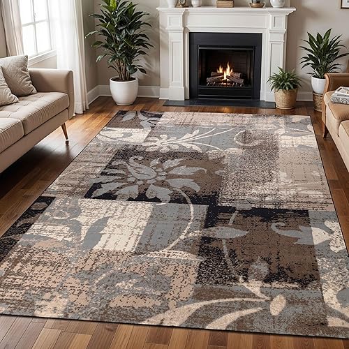 Superior Indoor Area Rug, Plush Carpet Cover, for Kids or Pets, Hallway, Entryway, Living Room, Dining, Bedroom, Office, Kitchen, Modern Floral Patchwork Decor, Pastiche Collection, 12' x 18', Beige