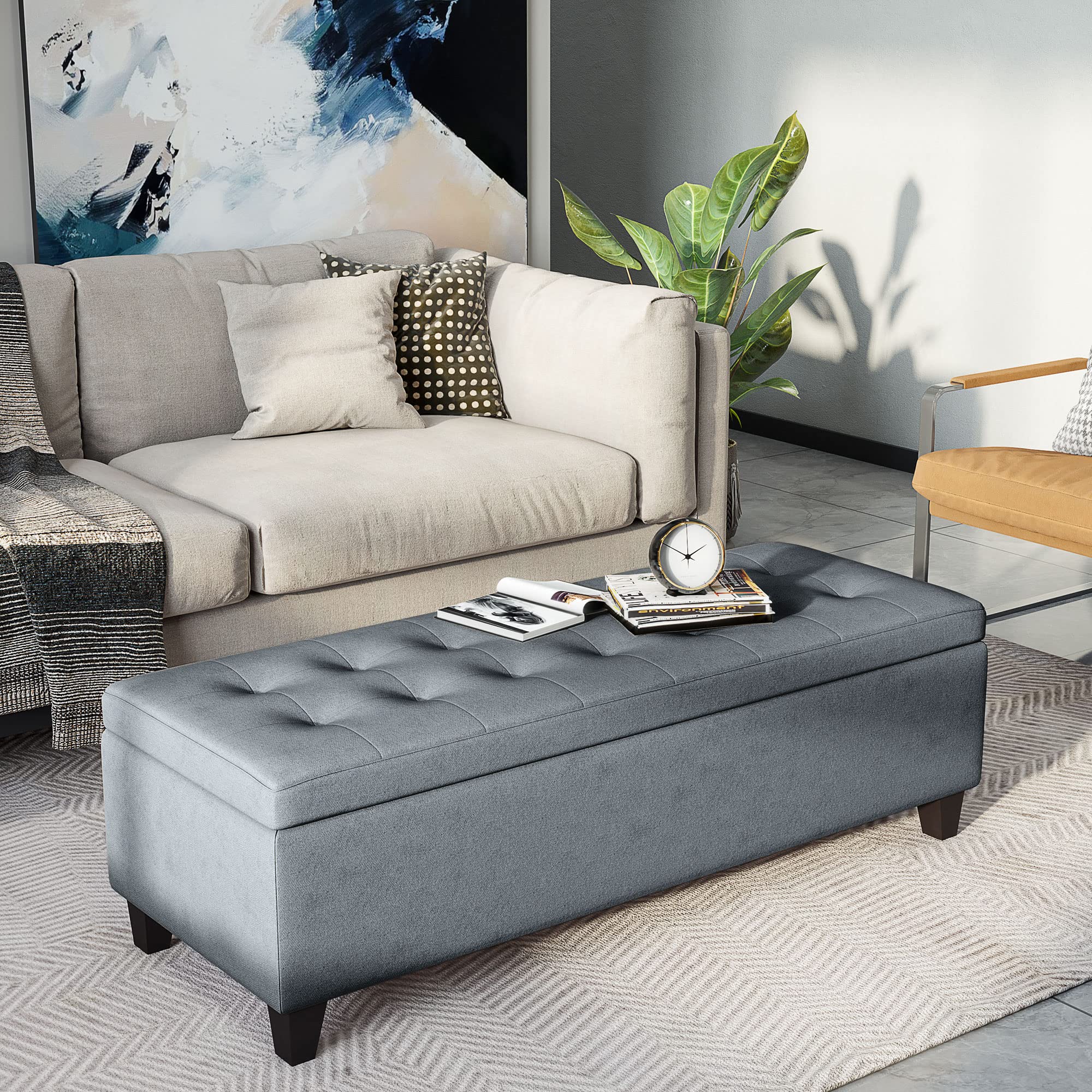 HOMCOM Sitzbank mit Stauraum Polsterbank mit Deckel 125x49x41,5 cm Grau | Leinenoptik, Bettbank, Truhenbank, Banktruhe, Aufbewahrungsbank für Wohnzimmer Schlafzimmer