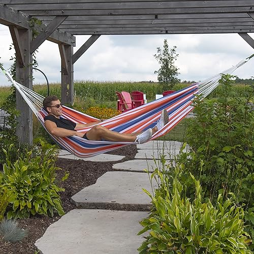 Miniatura 3 de Vivere Hamaca doble de algodón de estilo brasileño con cuerdas de poliéster, capacidad de peso de 450 libras (ponche naranja)