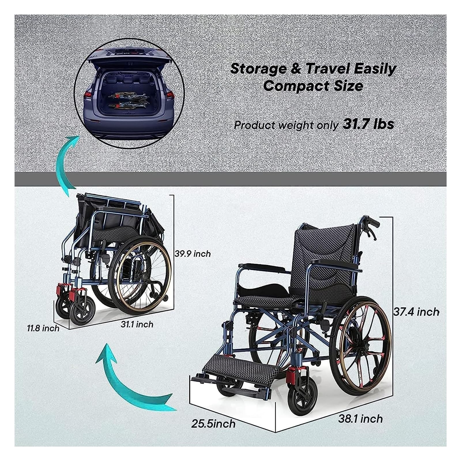 Silla de ruedas, silla de ruedas plegable, silla de ruedas plegable ligera con reposapiés basculante, silla de ruedas manual portátil que absorbe los golpes
