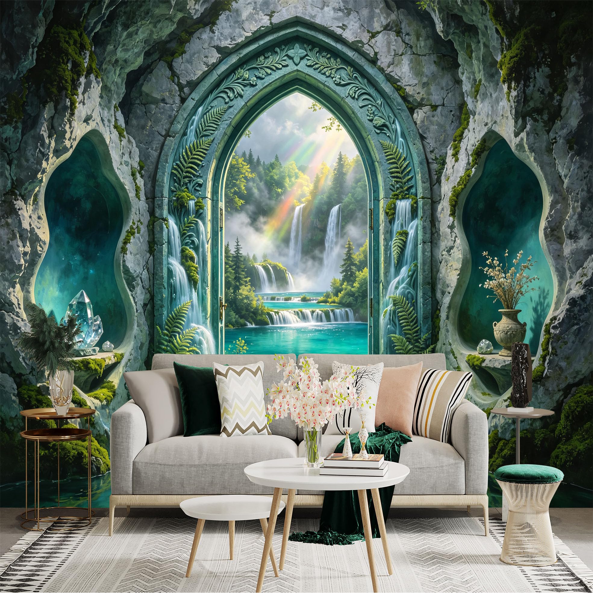 Custom Size Wall Sticker Mural， Fantasy Waterfall Cave， Emerald Lake and Stone Arch Portal， for wall Decoration， peelandstick wall Decals.