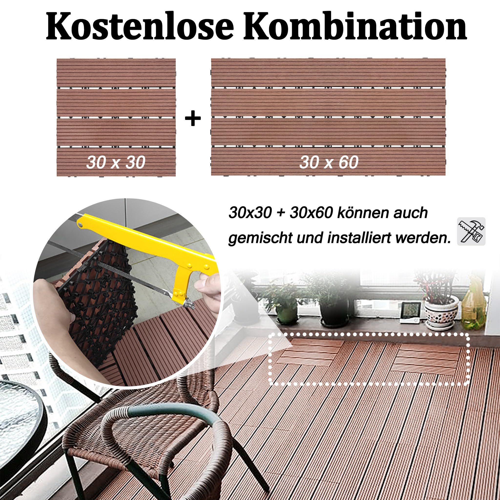 WPC Baldosas de Terraza 60x30cm Losetas Aspecto de Madera Placas con Red de Drenaje de Plástico Resistentes a Intemperie Juego de 6 Revestimientos para Suelo de 1m² Exterior Balcón (Marrón)