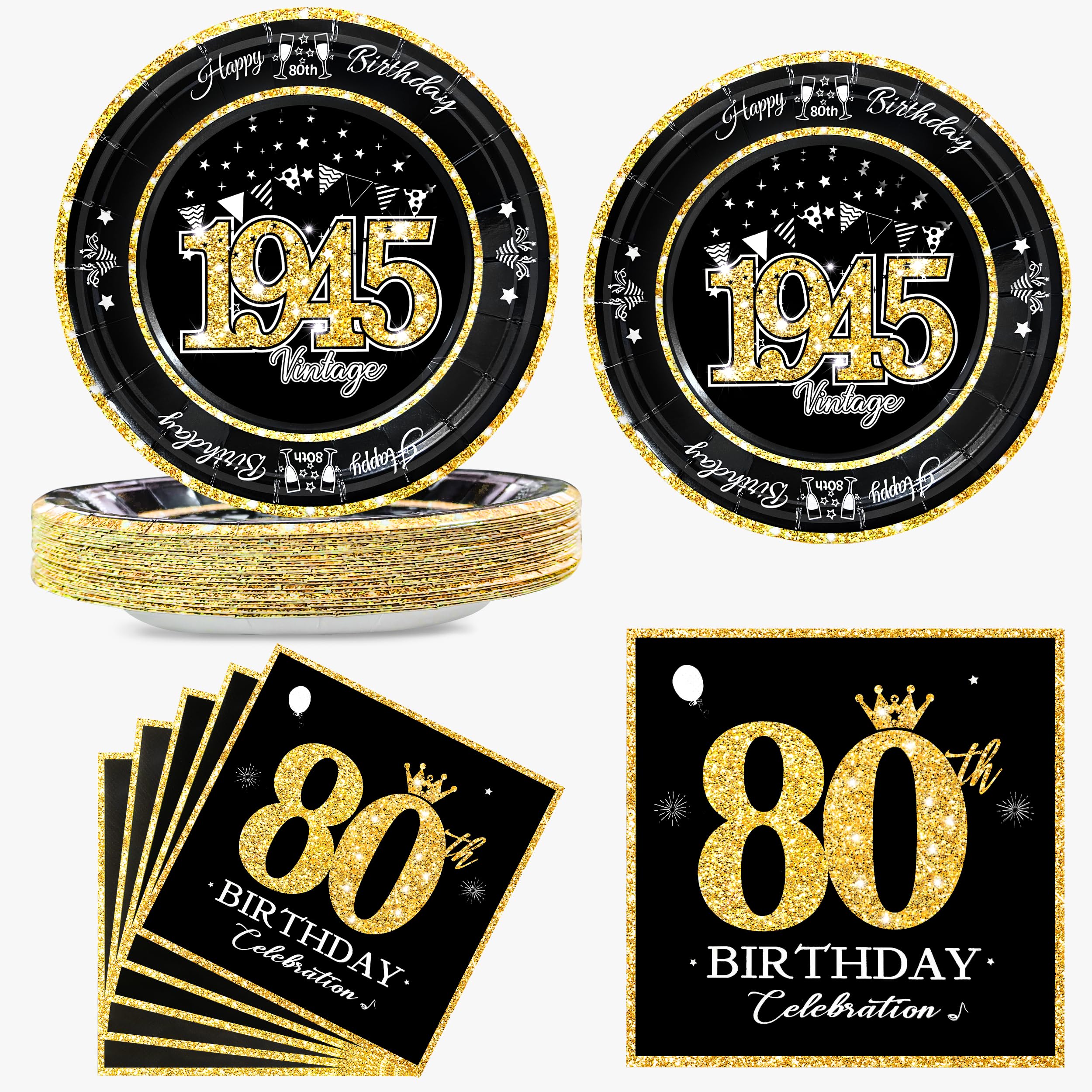 algpty 60 PCS Vintage 80th Birthday Plates and Napkins Set, 80th Birthday Decorations Black and Gold, Service for 30, 1945 Birthday Dessert Plates and Napkins Party Supplies for Men Women