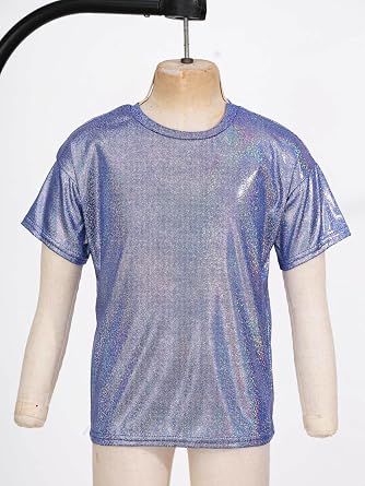 Girls Boys Sparkly Metallic Dance Tops Short Sleeve T-Shirt Jazz Hip Hop Party Stage Performance Costume