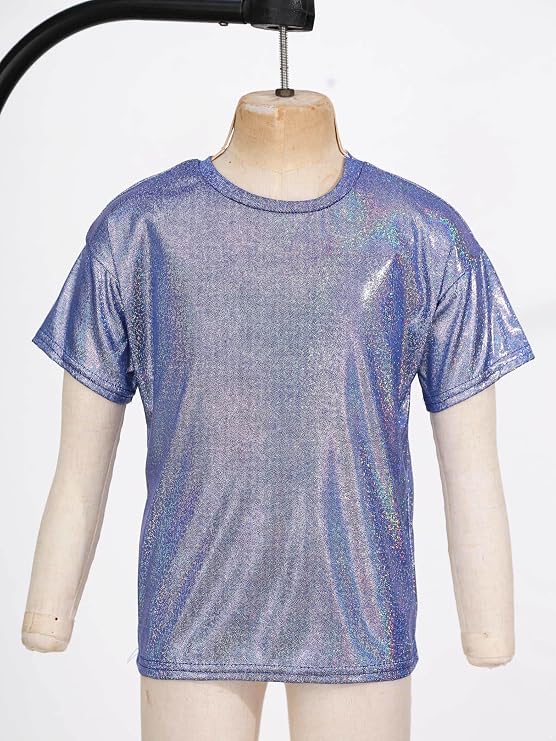 Girls Boys Sparkly Metallic Dance Tops Short Sleeve T-Shirt Jazz Hip Hop Party Stage Performance Costume