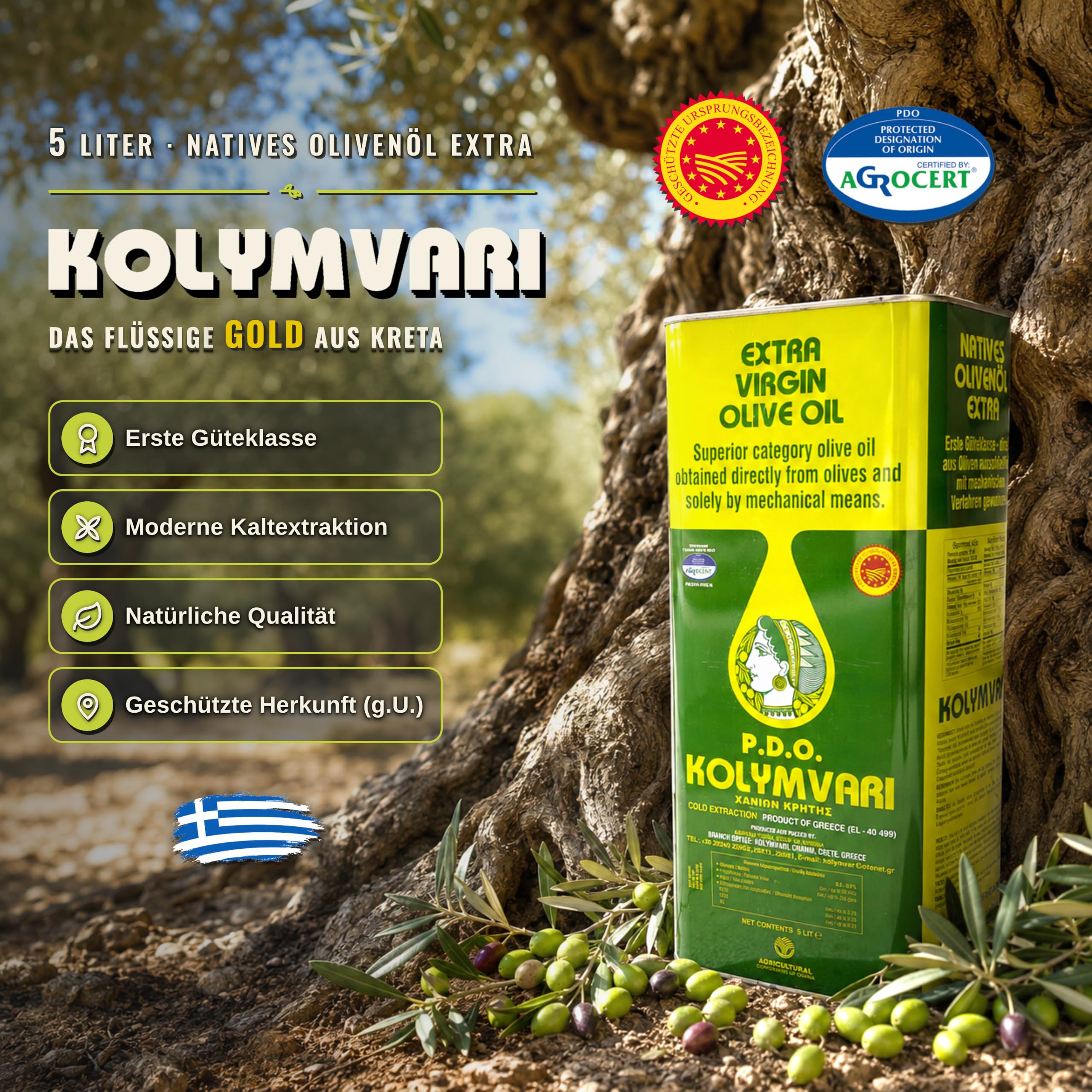 Kolymvari g.U. | Extra Natives Olivenöl | 5 Liter Kanister – Kreta, Griechenland | Premium Olivenöl | 100% Koroneiki Oliven | traditionelle Handernte | Kaltextraktion | niedriger Säuregehalt