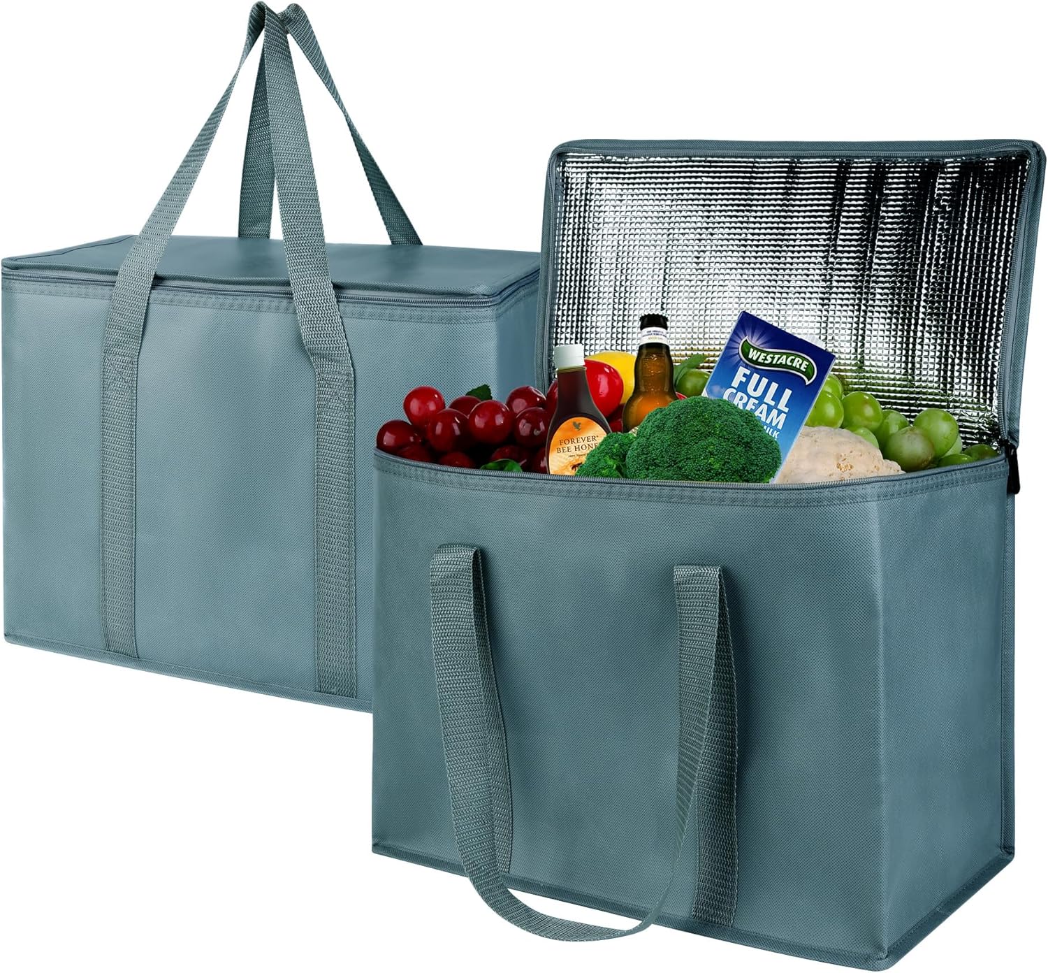 musbus 2Pk Insulated Reusable Grocery Bags, Collapsible Cooler Bag for Groceries, Heavy Duty Large Insulated Bag (Urban Gray) - Image 2