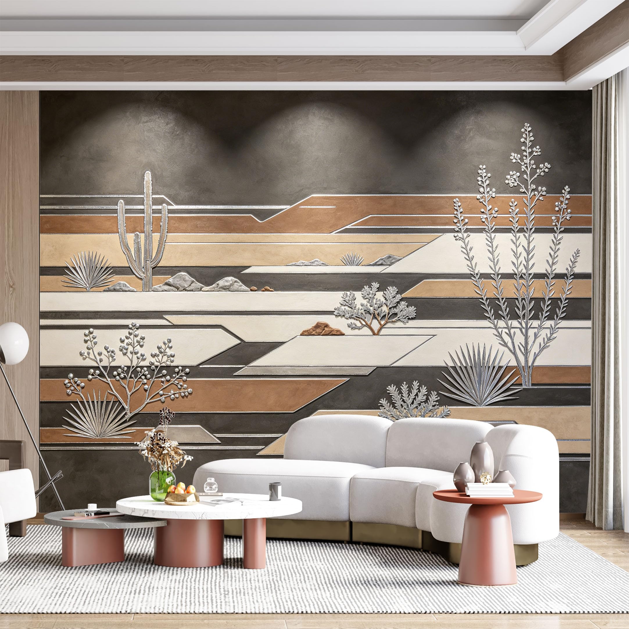 Custom Size Wall Mural Southwestern Landscape Abstract Geometric Desert Plants Silver Outline SelfAdhesive Wall Fabric Removable for Home Office Decor