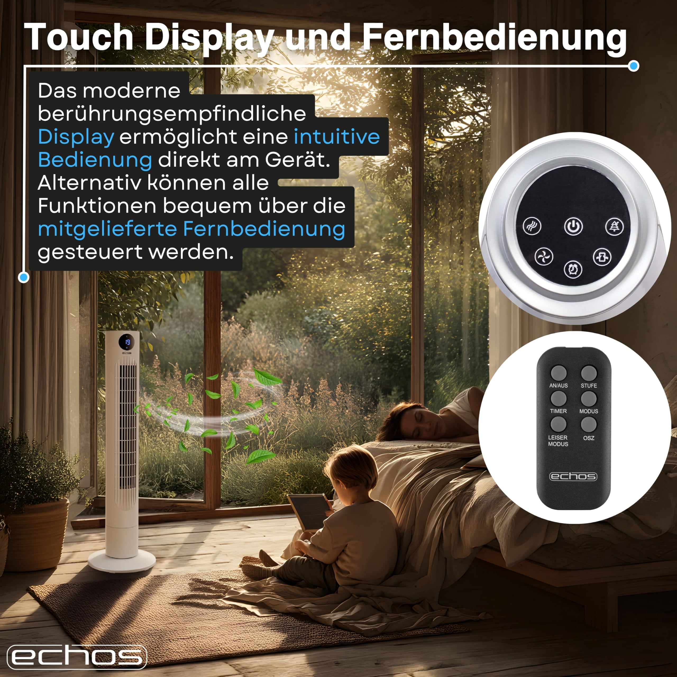 Echos Ventilateur tour très silencieux - Télécommande - Oscillant - Écran LED - 3 niveaux - Ventilateur colonne - Ventilateur sur pied - Refroidisseur d'air - Minuterie 12 h