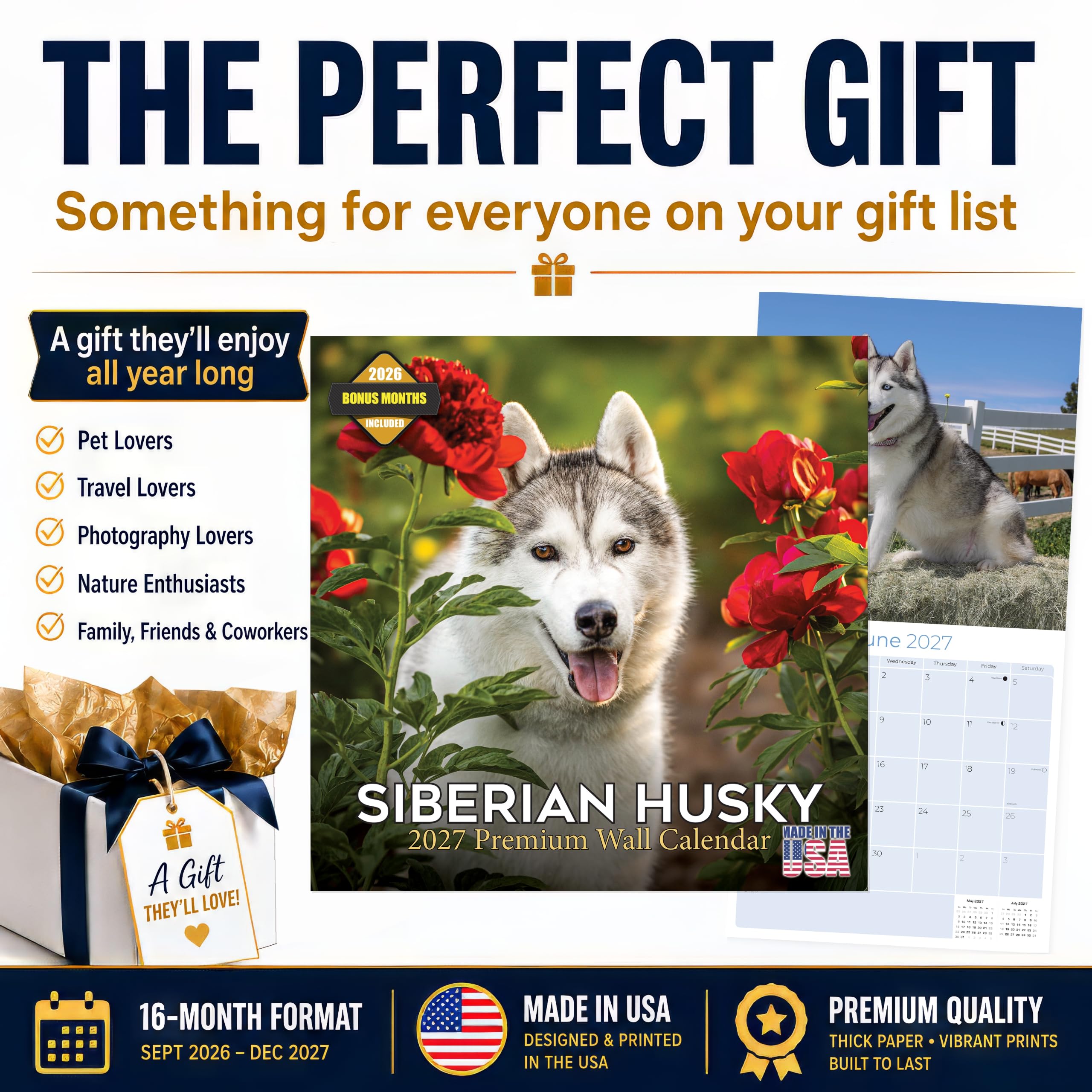 Kalendarz 2025 2026 husky syberyjski - miesięczny kalendarz ścienny rasy psów - 30 cm x 61 cm otwarty - gruby papier bez przebarwień - prezent - akademicki planer nauczyciela kalendarz organizowanie i