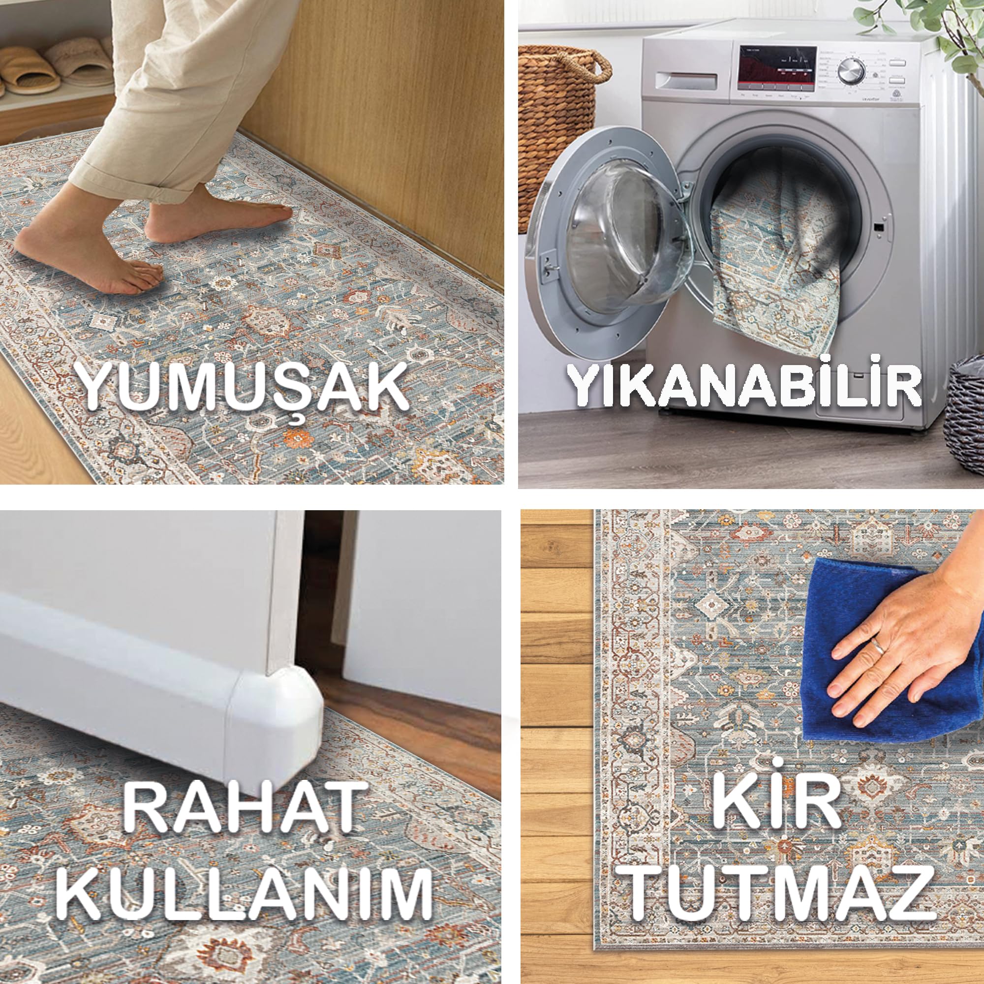 Latte Dizayn Zack Vintage Desenli Şönil Pamuk Tabanlı Yıkanabilir Kaymaz Antibakteriyel Salon Halısı 200x300