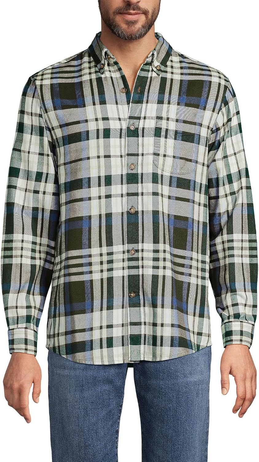 Lands' End Men's Long Sleeve Flagship Flannel Shirt Ivory/Antique Moss Plaid Tall Large