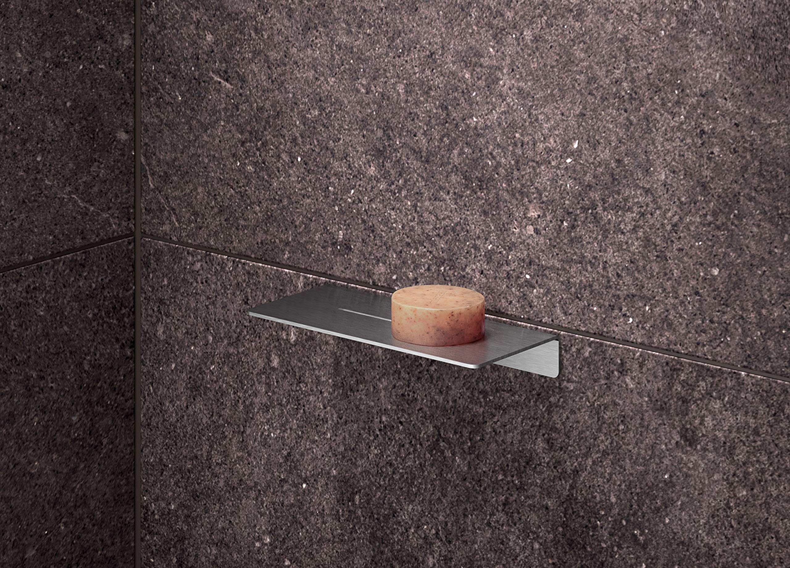 Duschablage 17 cm breit, Edelstahl gebürstet, 100% Made in Germany, Nachhaltige Produktion, für Shampoo, Duschgel, Seife - PHOS Design