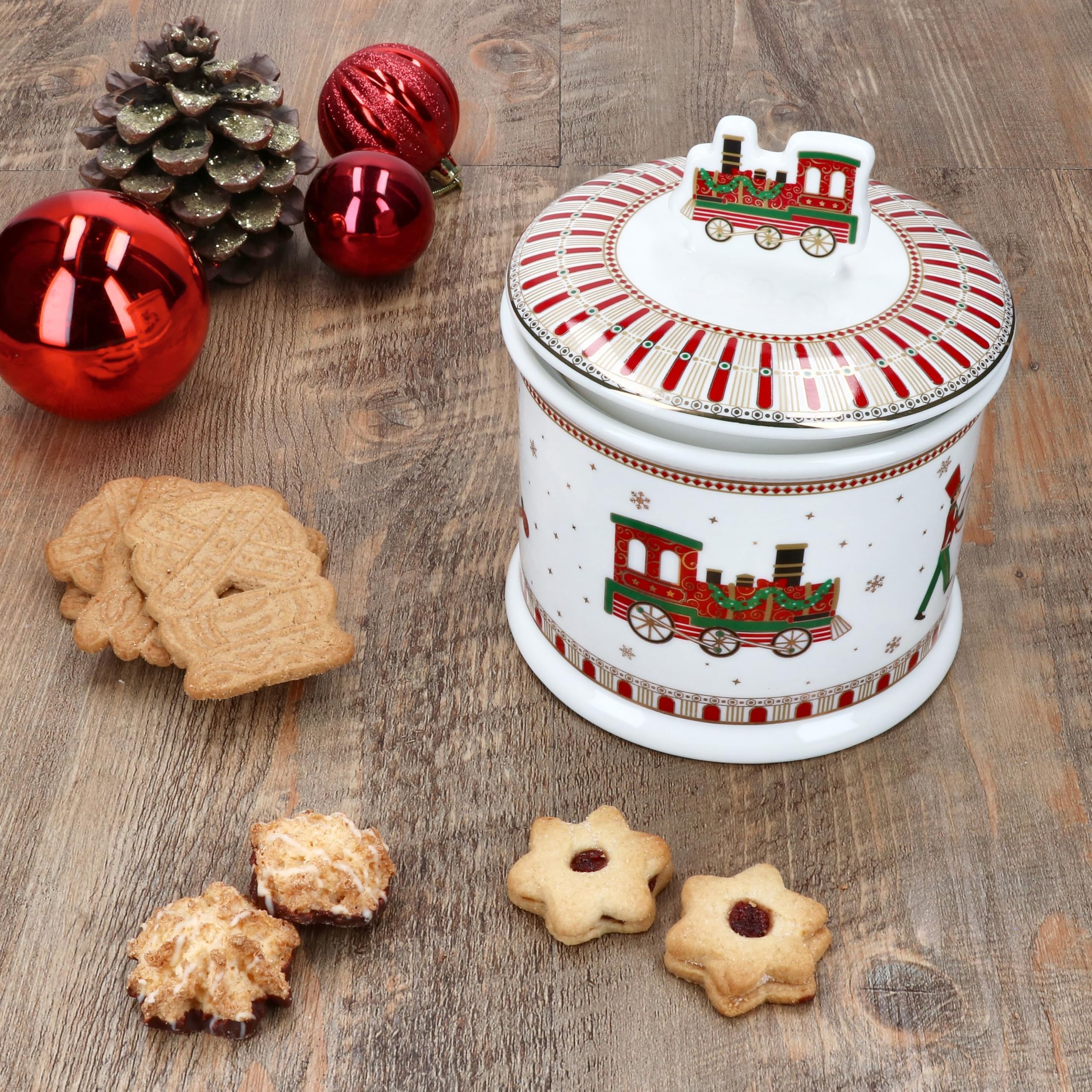MamboCat Boîte à biscuits Polar Train I (l x H) 14 x 16,5 cm I Boîte à biscuits ronde de Noël I Boîte de rangement Boîte de conservation Boîte en métal I Noël