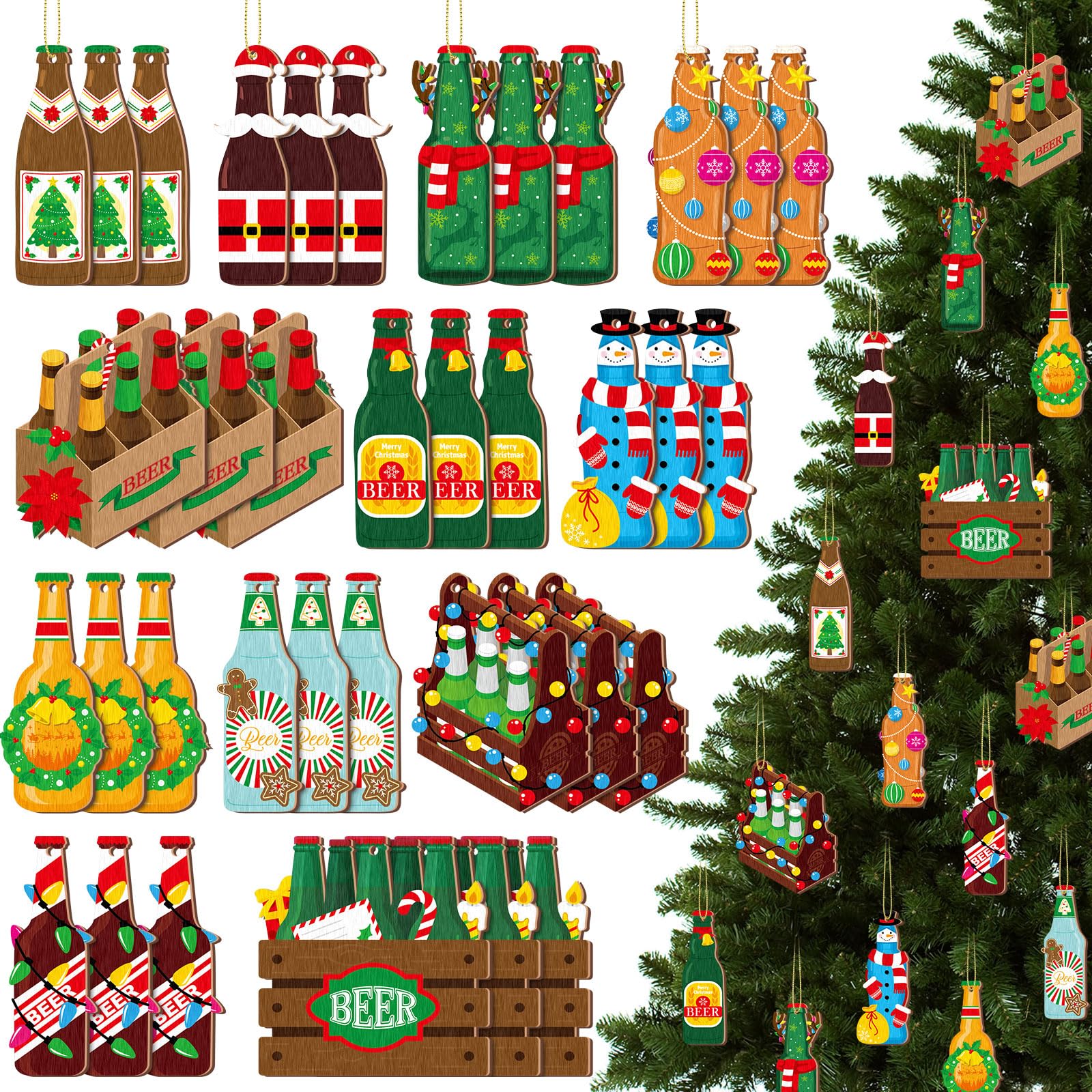 Vercraft 36 Pcs Beer Christmas Ornaments Funny Beer Bottle Wooden Christmas Hanging Ornaments for Xmas Tree Holiday Decorations