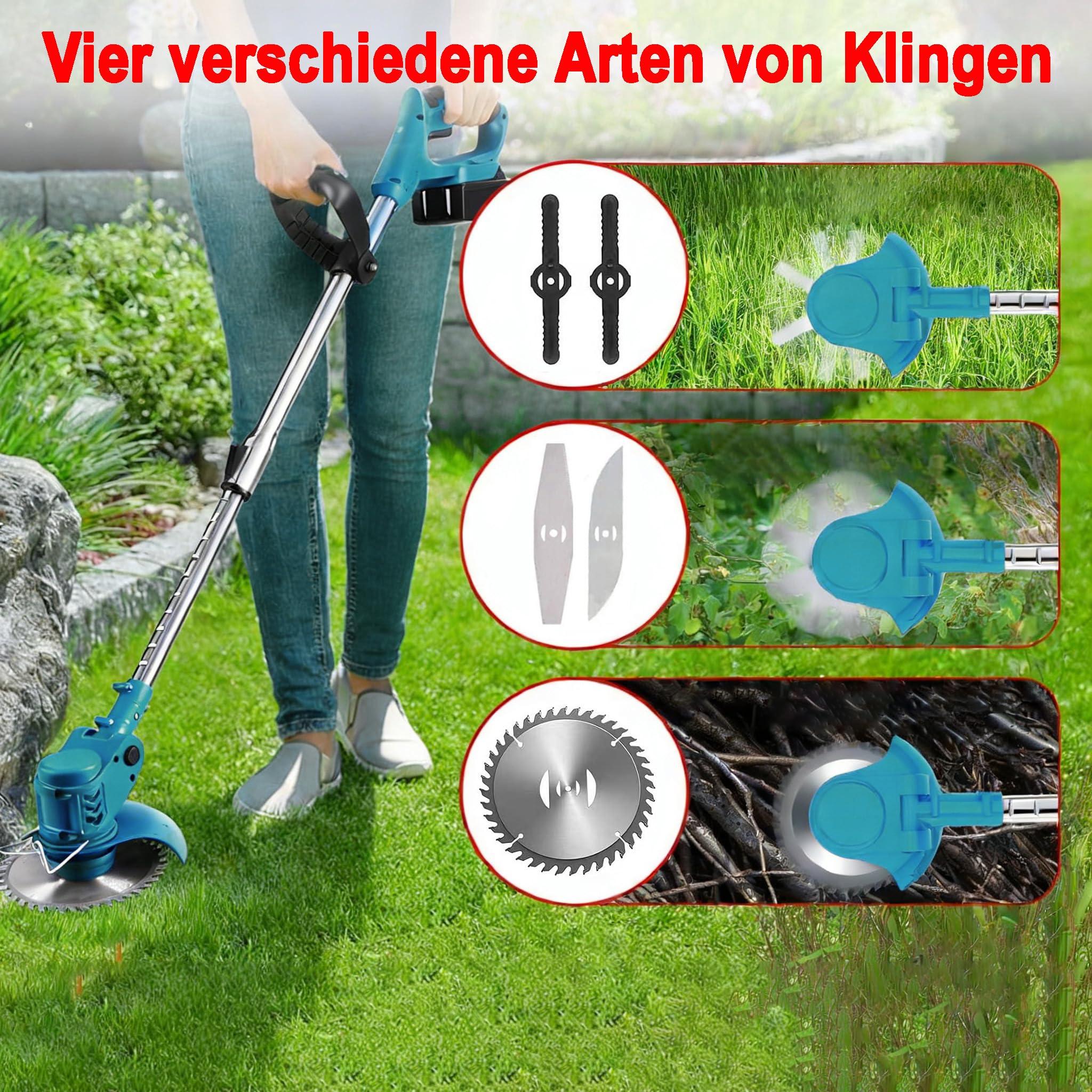 Akku-Rasentrimmer für Makita Akkus,Freischneider Akku mit 2X4.0Ah Batterien und Ladegerät,Elektrisch Motorsense mit 4 Messertypen,90° Drehkopf,Rasenkantenschneider für Rasen, Garten, Hof