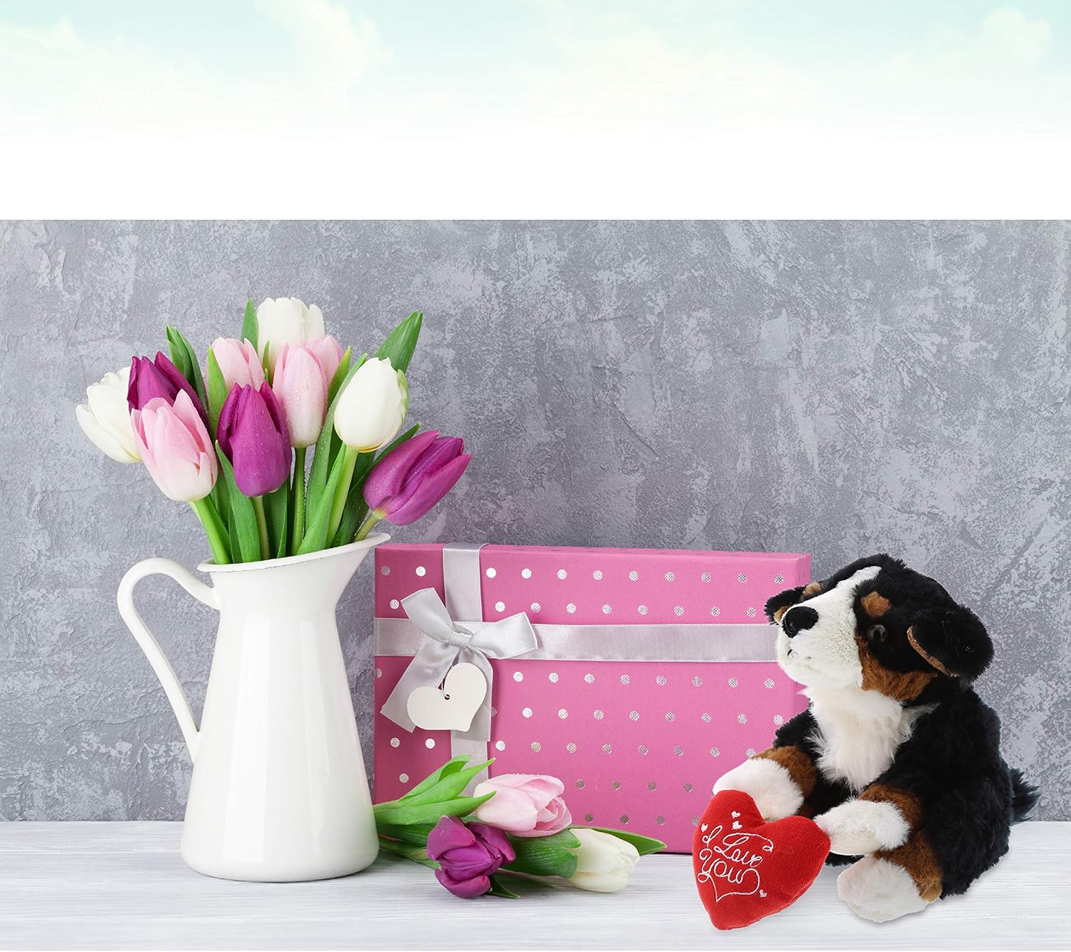 DolliBu I Love You Valentine Plush Bernese Dog - Cute Stuffed Animal with Red Heart and Name Personalization Gift for Valentines Day, Birthday, Anniversary, Romantic Date - 7 Inches