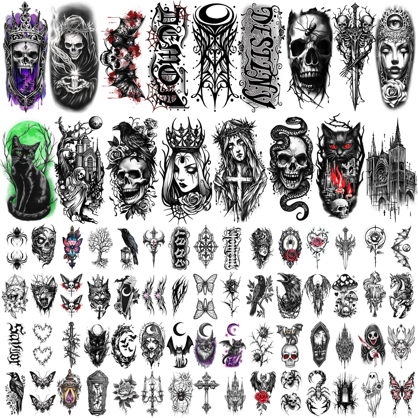 77 Sheets Gothic Temporary Tattoos, Mystery Spider Skull Fake Tattoos for Adults Teens, Waterproof Realistic Weird Temp Tats for Horror Halloween Makeup, Large Tattoos for Men Women