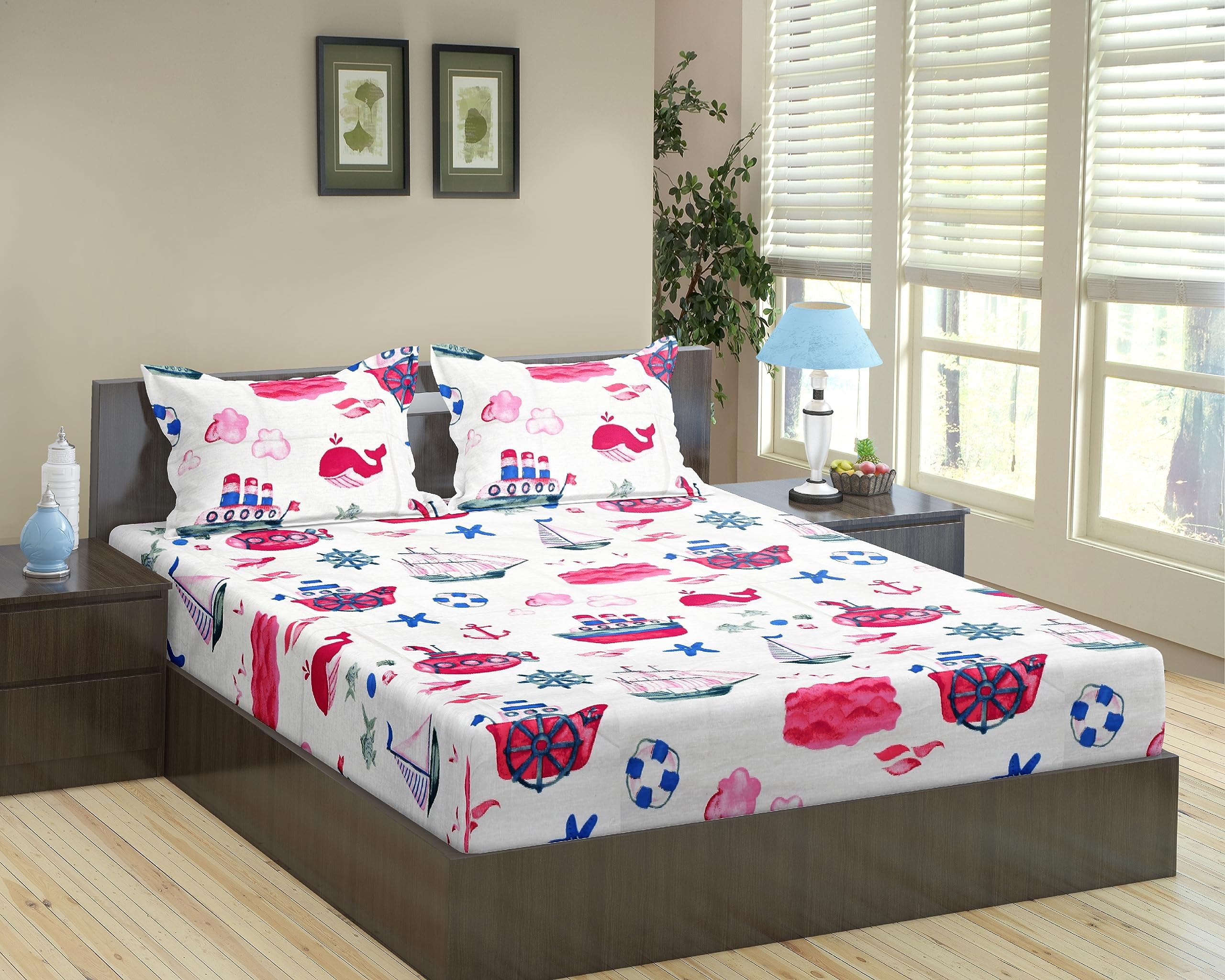 Trance Home Linen Design 180TC 100% Cotton King Size Cartoon Printed Kids Bedsheet | Bedding Set of King Size Flat Bed Cover with 2 Pillow Covers (108x108 inch | 9ft x 9ft - Boat Pink)