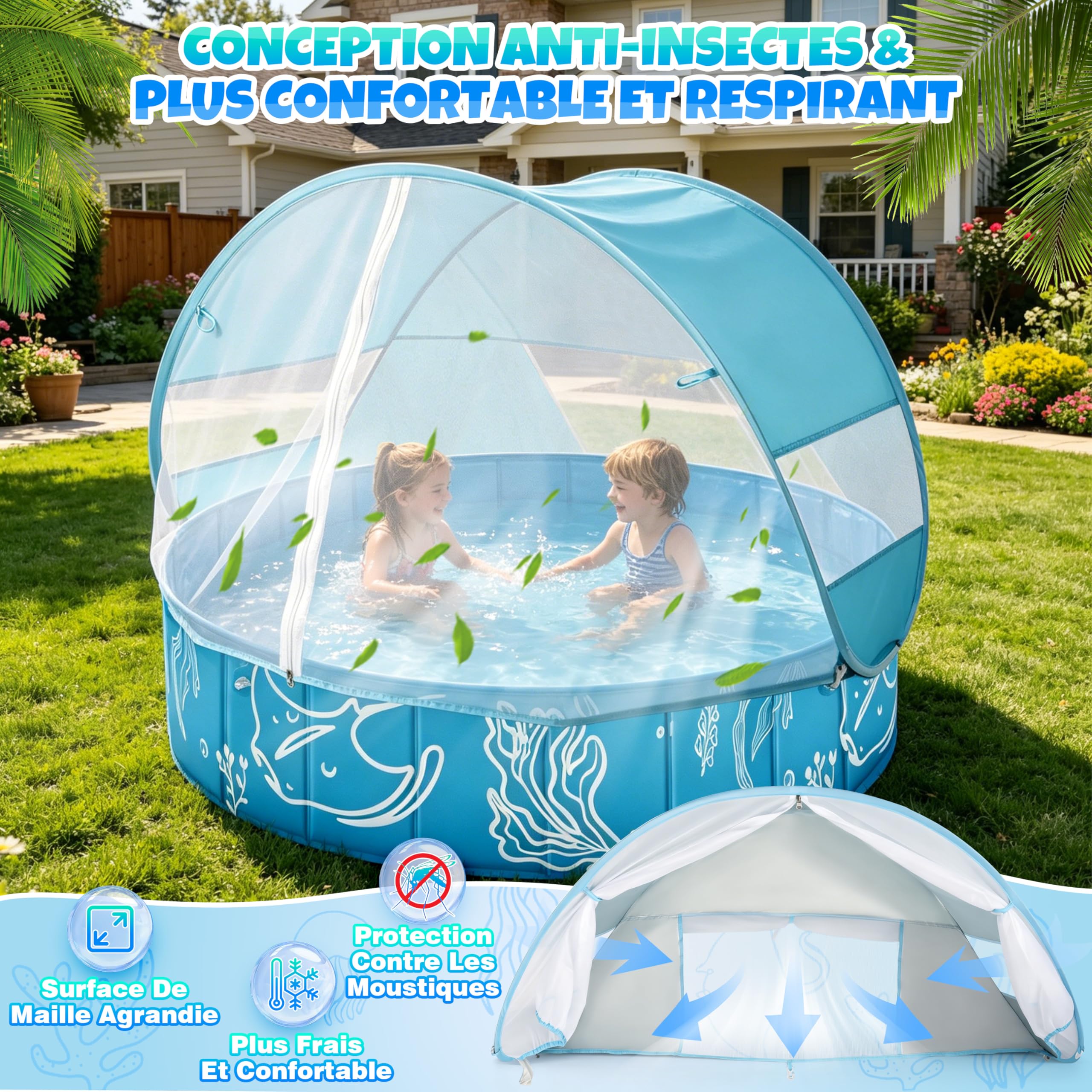 Piscine Bébé 4 en 1 120×30 cm Anti UV SPF50+ avec Auvent Pliable Tente de Plage Pour Jardin