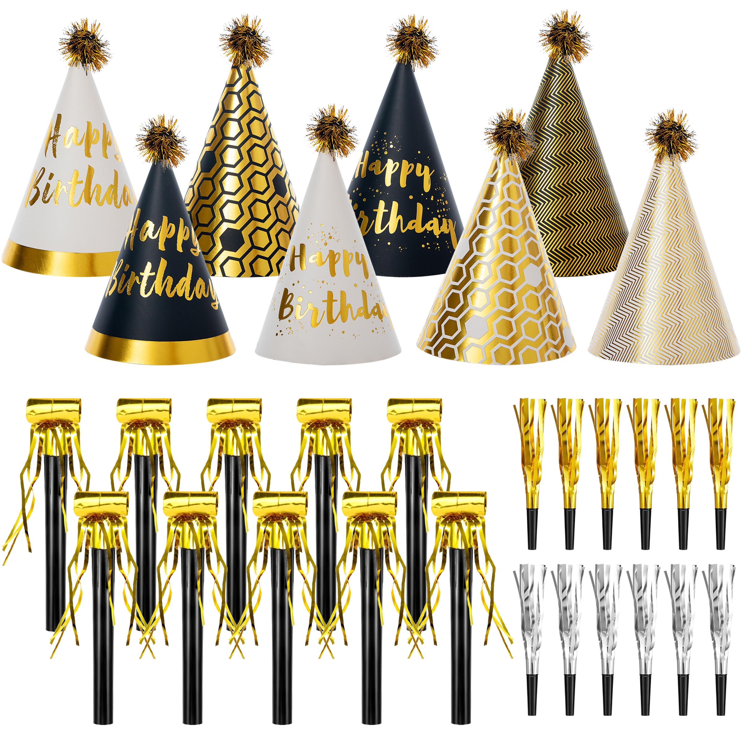 30 Pcs Gold Birthday Party Hat Decoration Set – Gold Cone Hats Includes 8 Paper Party Hats and 22 Metallic Noise Makers for Adult Celebrations