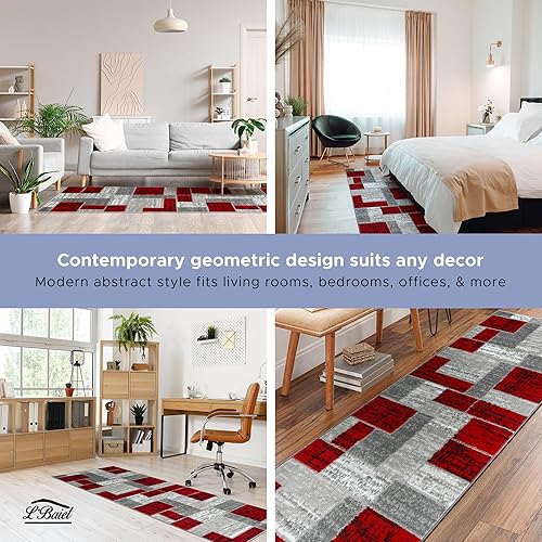 Miniatura 5 de L'Baiet Verena - Alfombra geométrica roja y gris de 8 x 10 pies, alfombra de área grande para sala de estar, dormitorio, mesa de comedor, oficina,