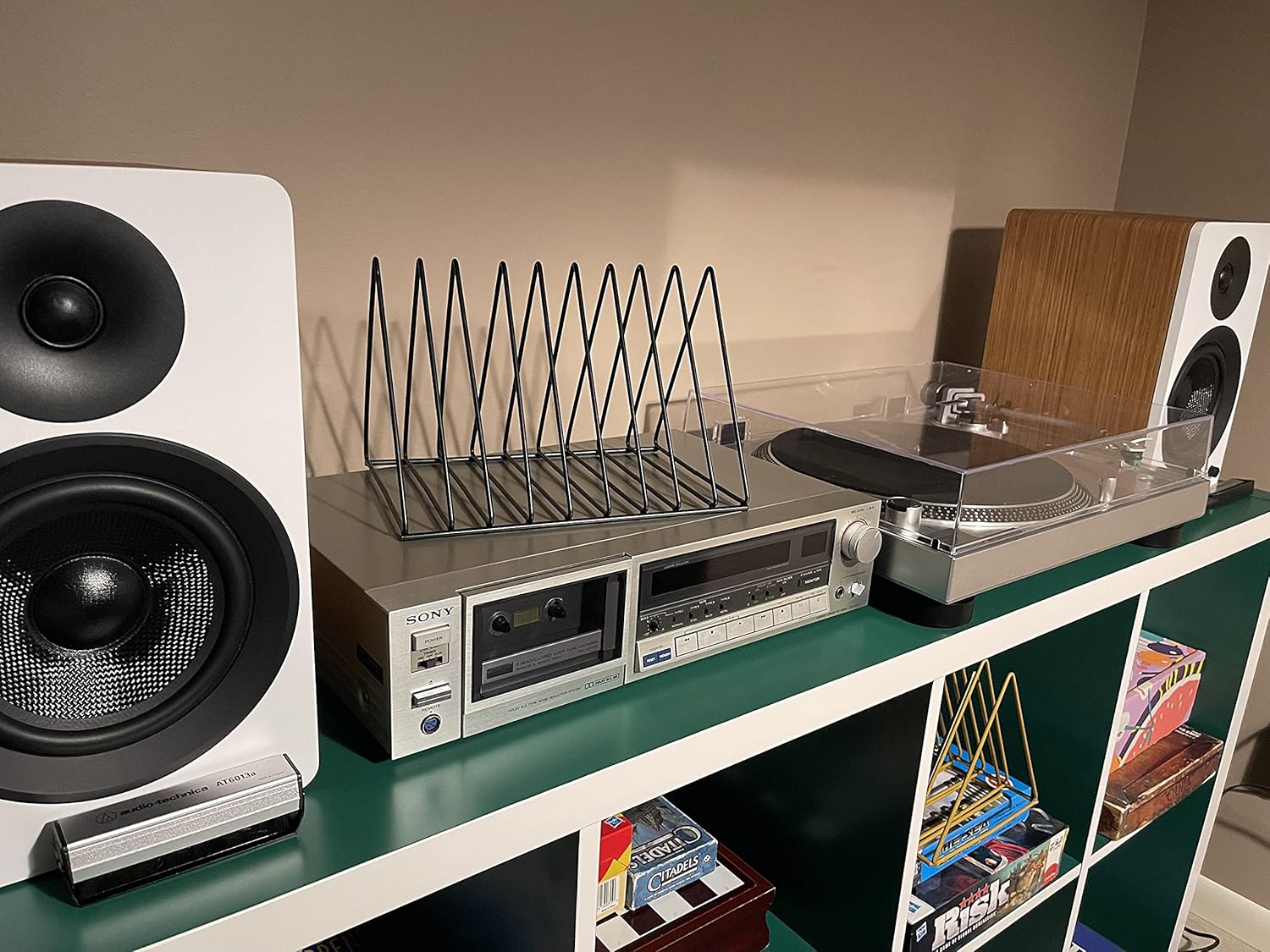 Skywin 2 Pack Triangle Vinyl Record Storage - 9 Slots, Holds Up to 60 Albums, Metal Vinyl Record Holder Stand,Display Your Favorite Albums, Magazines & Newspaper, Desk Organizer for Home Office(Black)