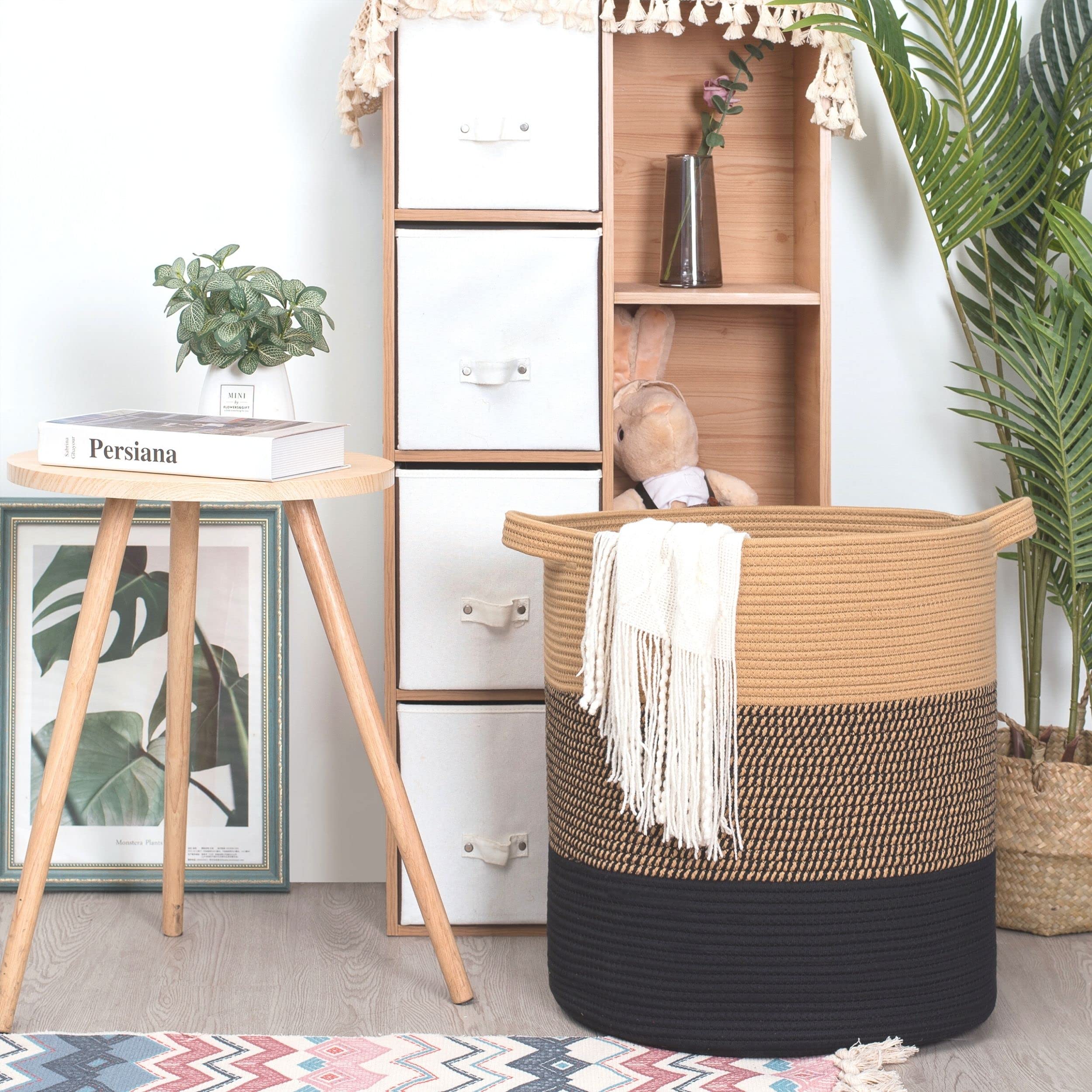 MINTWOOD Design - Cestino decorativo in corda di cotone, motivo floreale, 55,5 x 30,5 cm, cesto portabiancheria per bambini e cani, cesto porta asciugamani, colore: beige