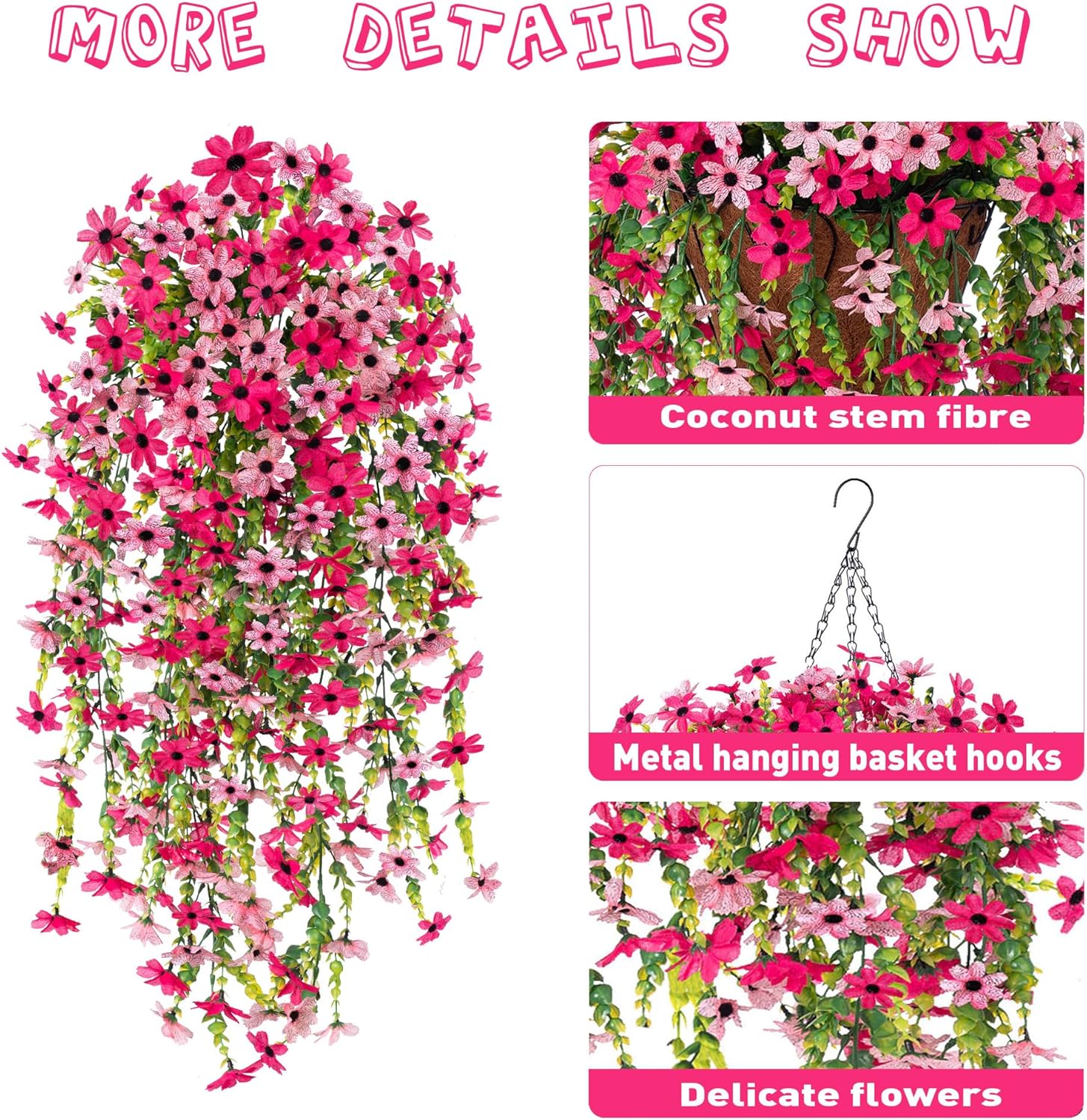 Fake Artificial Hanging Flowers for Outdoors Fake Plants Decoration, 2 Bundles Faux Silk Colorful Daisy Eucalyptus Realistic UV Resistant for Outside Home Planter Porch Patio Yard Decor(Rose Pink) - Image 5