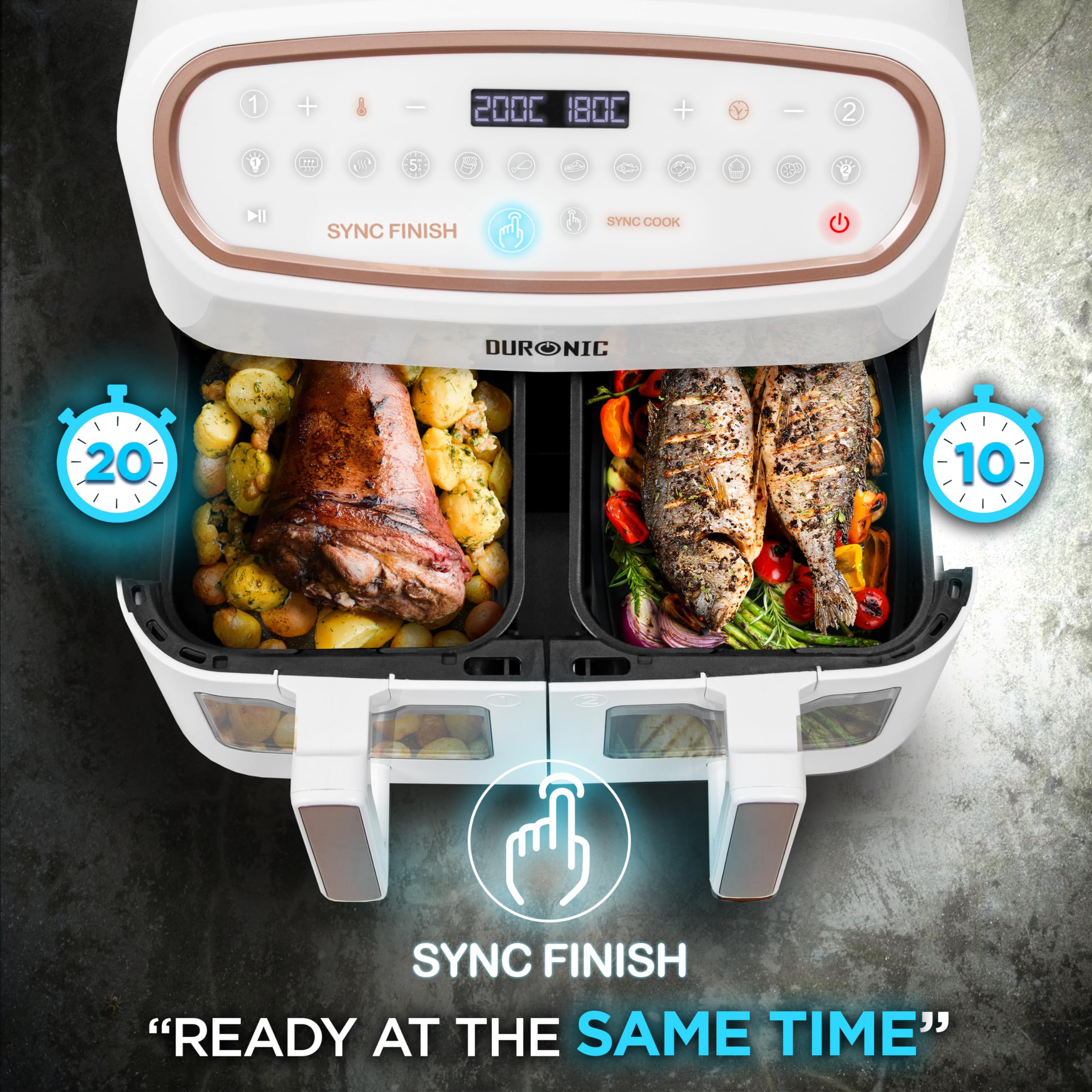 Duronic AF34 WE Friggitrice ad Aria extra grande, Air Fryer 2400W, 2 cestelli da 5L e 1 Cestello da 10L, Senza olio 10in1, Friggitrice ad aria calda con finestra di controllo