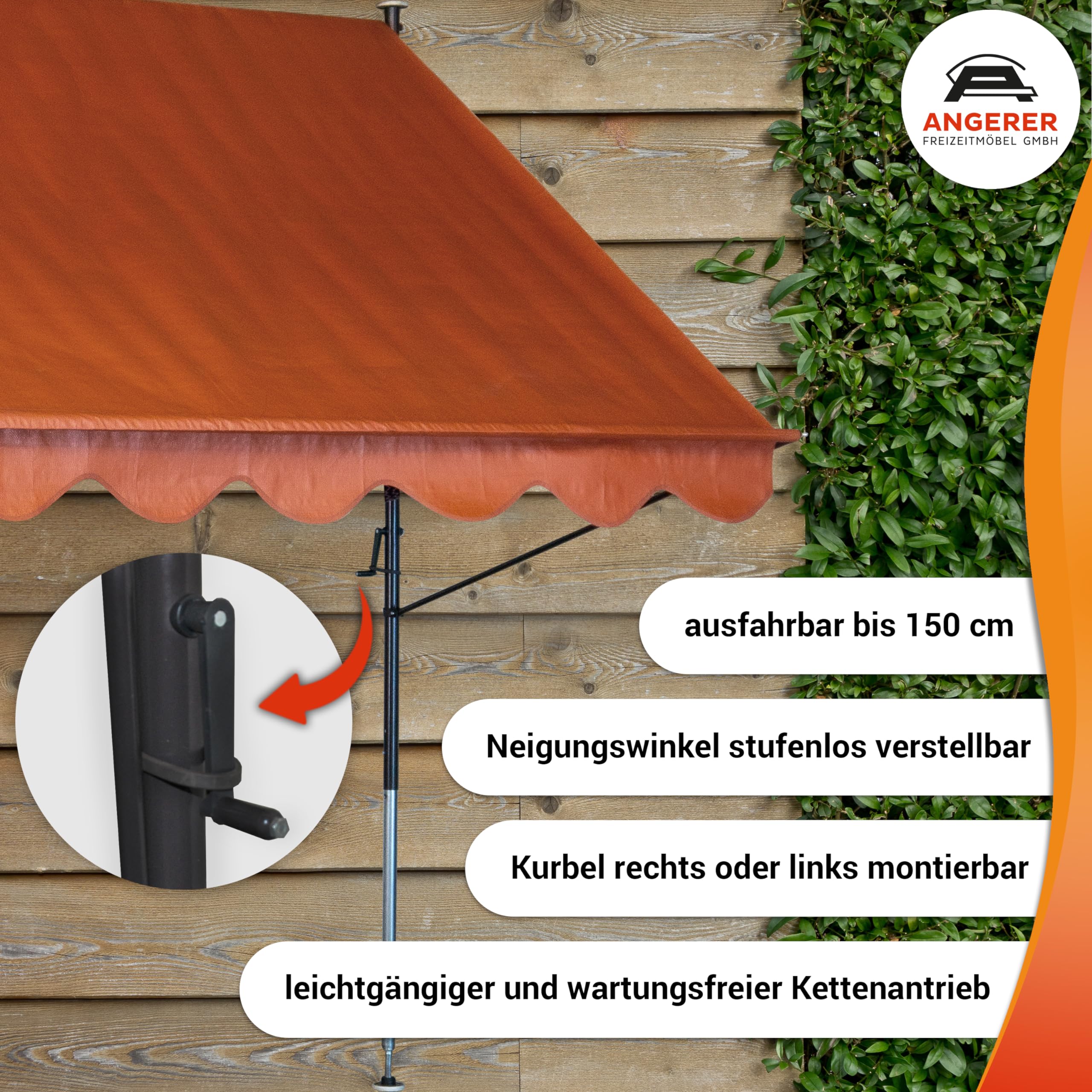 Amazon.de: Angerer Klemmmarkise Standard mit Handkurbel, Terrasse/Balkon,  einfache Montage ohne Bohren, Made in Germany, Kunststoff-Bezug,  UV-bestndig, hhenverstellbar, wasserabweisend, 400 cm Orange