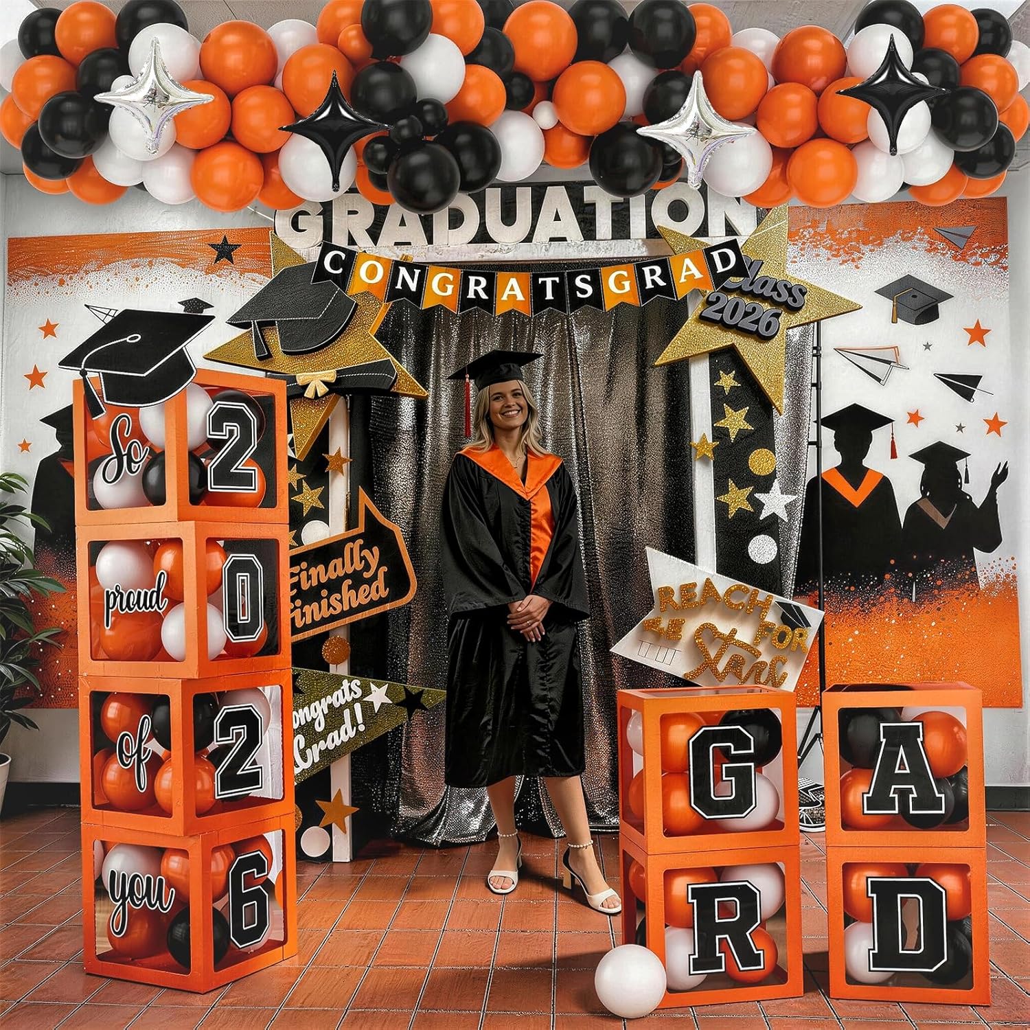 2026 Graduation Decorations Congratulations Grad Decor Orange and Black Balloons Arch Kit with Balloons Boxes Class of 2026, Graduation Party Decor Gold Confetti Balloon Explosion Star Foil Balloon