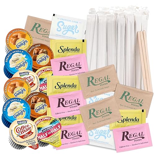 BLUE RIBBON, Paquete variado de crema de café con paquetes surtidos de azúcar y edulcorantes más agitadores de café de madera, 416 unidades