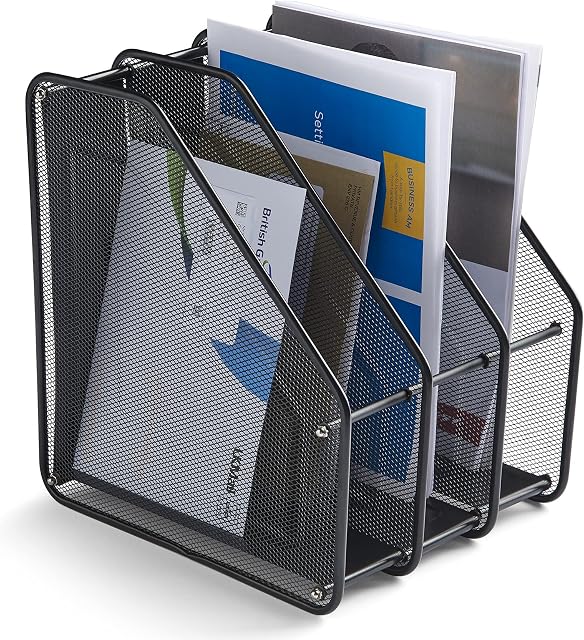SIMPLIFE - Files Holder - Vertical 3 Tier Desk Organiser, Black Folder Storage Metal, Upright Sections for Magazines, Documents & A4 Paper Trays