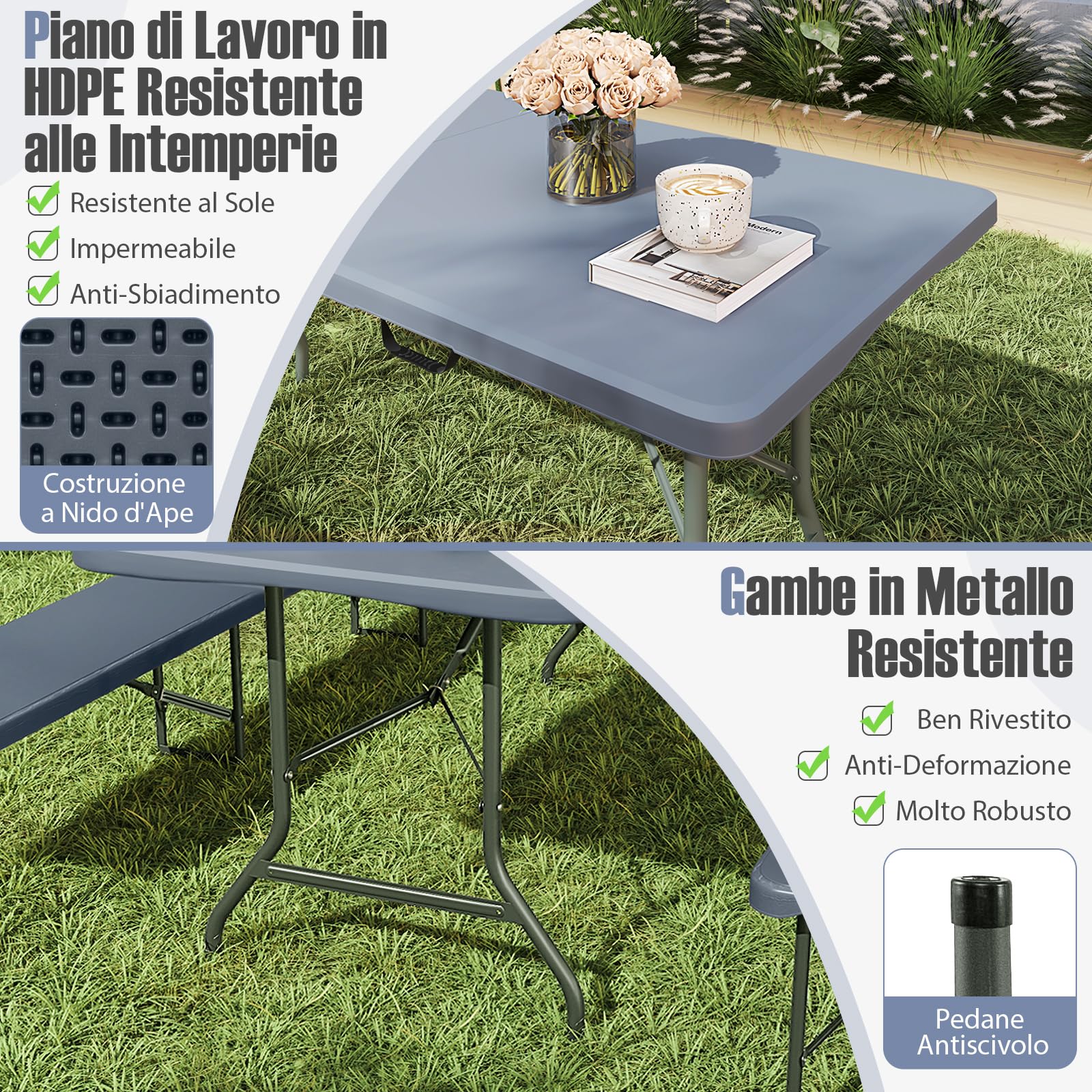 COSTWAY Tavolo Pieghevole Portatile da 180 cm, Tavolo da Campeggio in HDPE, Meccanismo di Blocco Sicuro, Tavolo da Picnic con Maniglia, Portata 160 kg (180 cm,Grigio)
